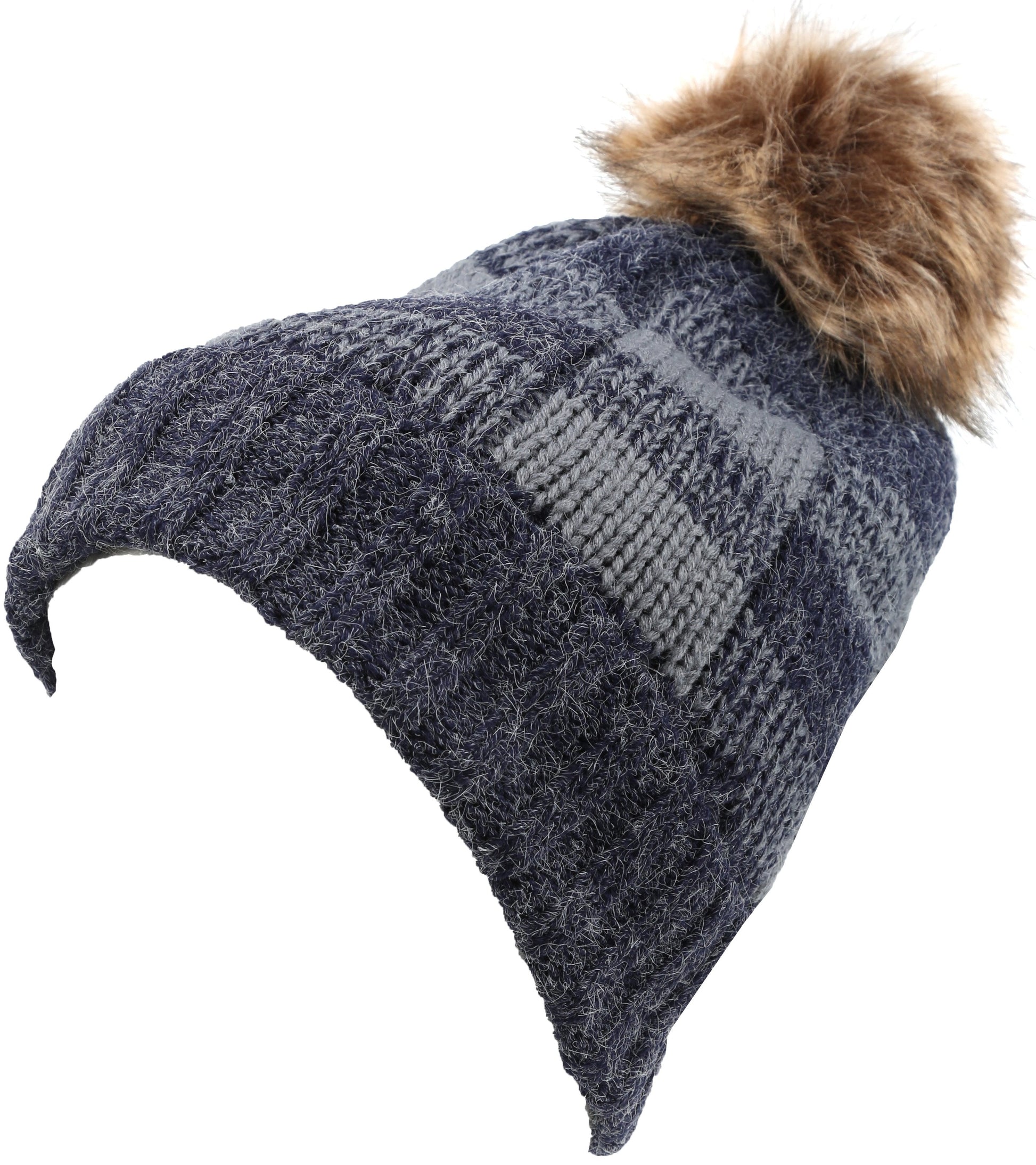 Sakkas Baya Long Tall Checker Pattern Fold Over Faux Fur Pom Pom Unisex Beanie Hat - Concordia Style Boutique