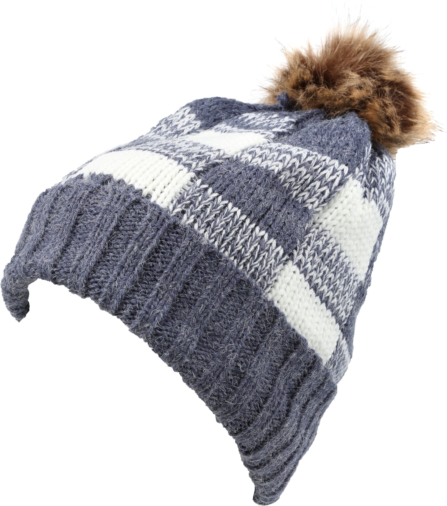 Sakkas Baya Long Tall Checker Pattern Fold Over Faux Fur Pom Pom Unisex Beanie Hat - Concordia Style Boutique