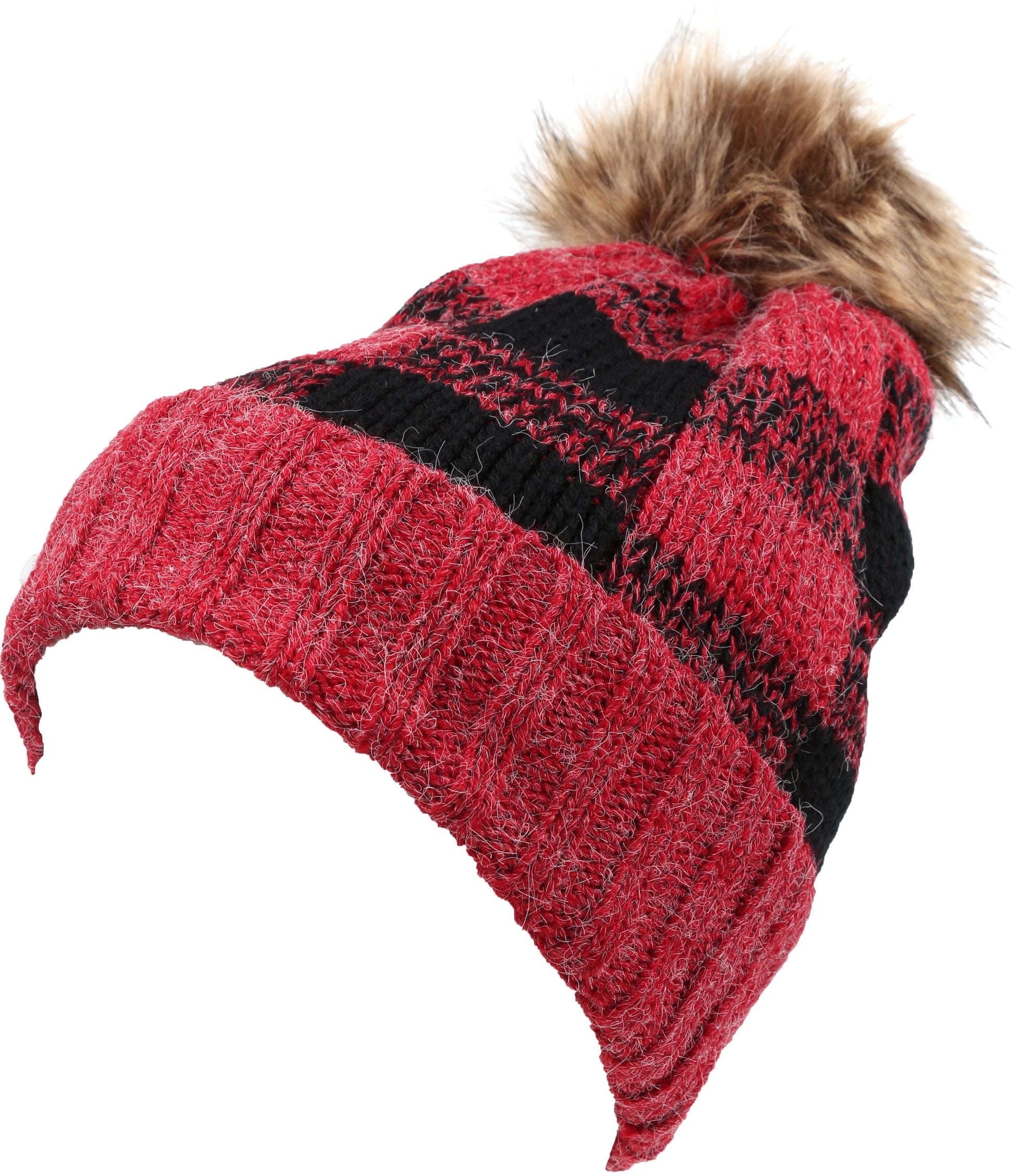Sakkas Baya Long Tall Checker Pattern Fold Over Faux Fur Pom Pom Unisex Beanie Hat - Concordia Style Boutique