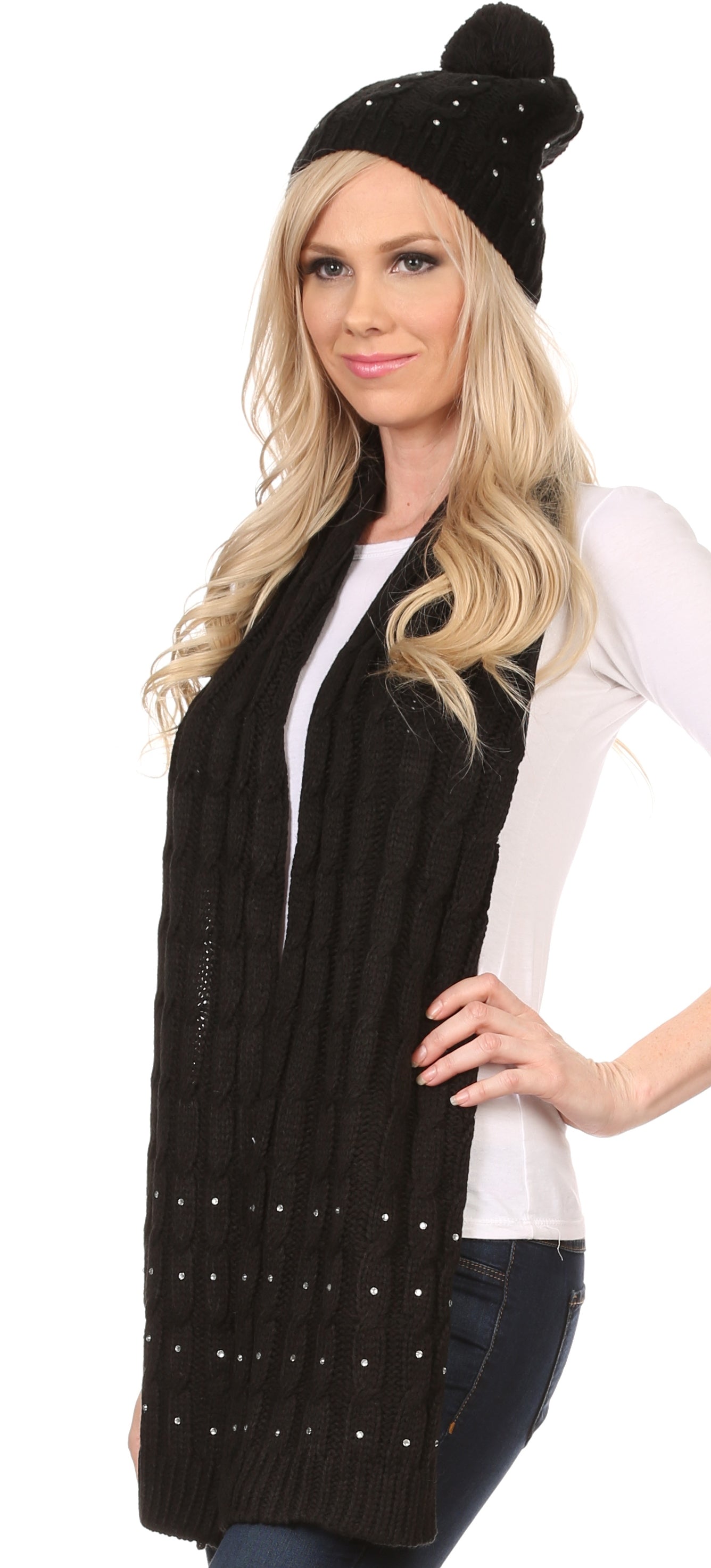 Sakkas Kae Jewel Studded Cable Knit Beanie Hat And Scarf Set - Concordia Style Boutique