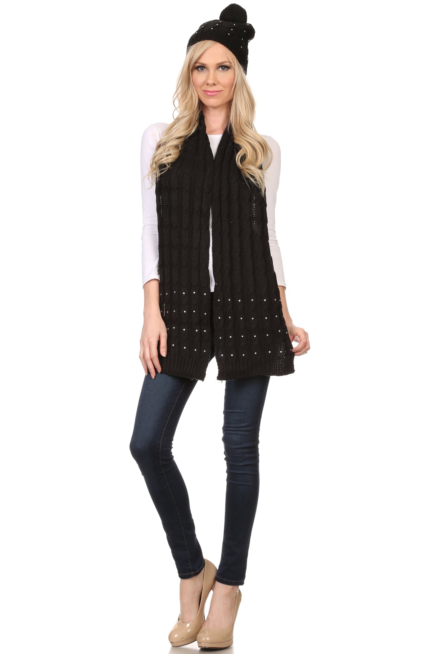 Sakkas Kae Jewel Studded Cable Knit Beanie Hat And Scarf Set - Concordia Style Boutique