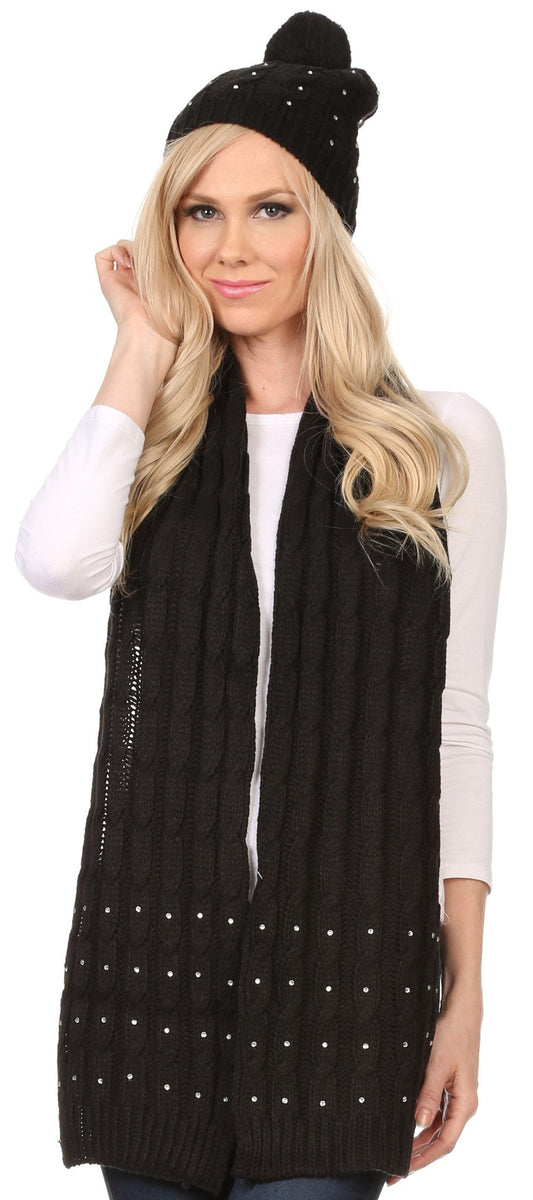 Sakkas Kae Jewel Studded Cable Knit Beanie Hat And Scarf Set - Concordia Style Boutique