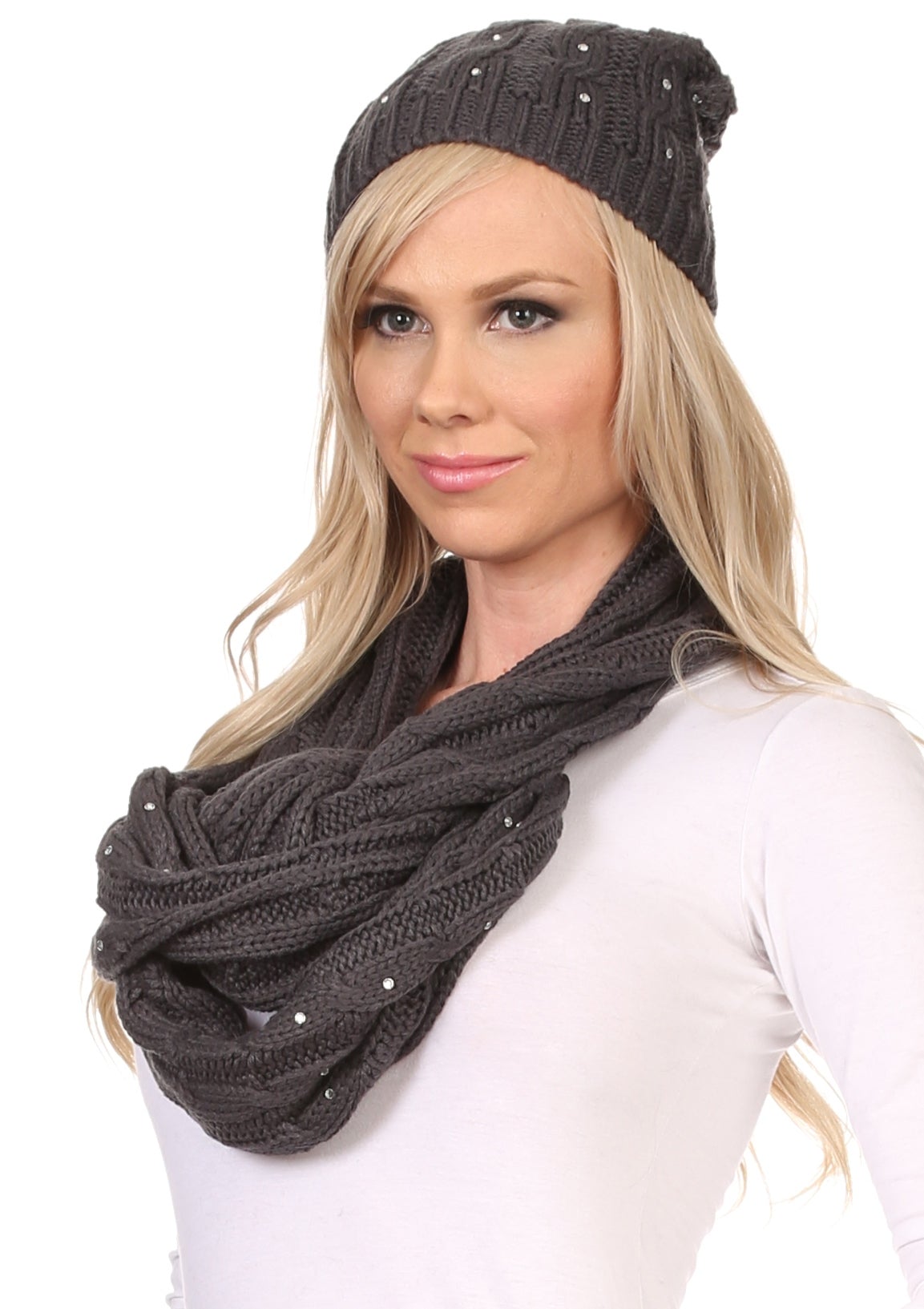 Sakkas Kae Jewel Studded Cable Knit Beanie Hat And Scarf Set - Concordia Style Boutique