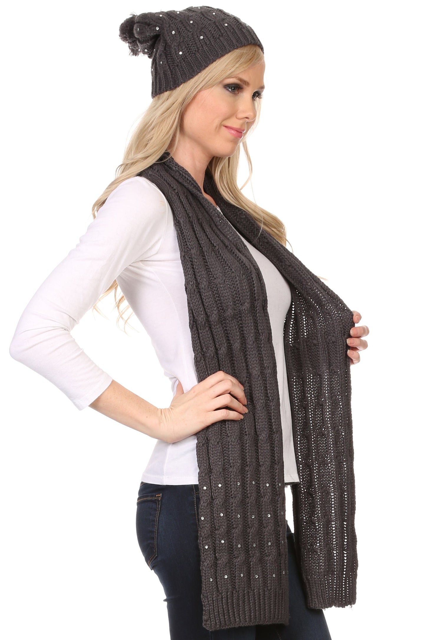 Sakkas Kae Jewel Studded Cable Knit Beanie Hat And Scarf Set - Concordia Style Boutique