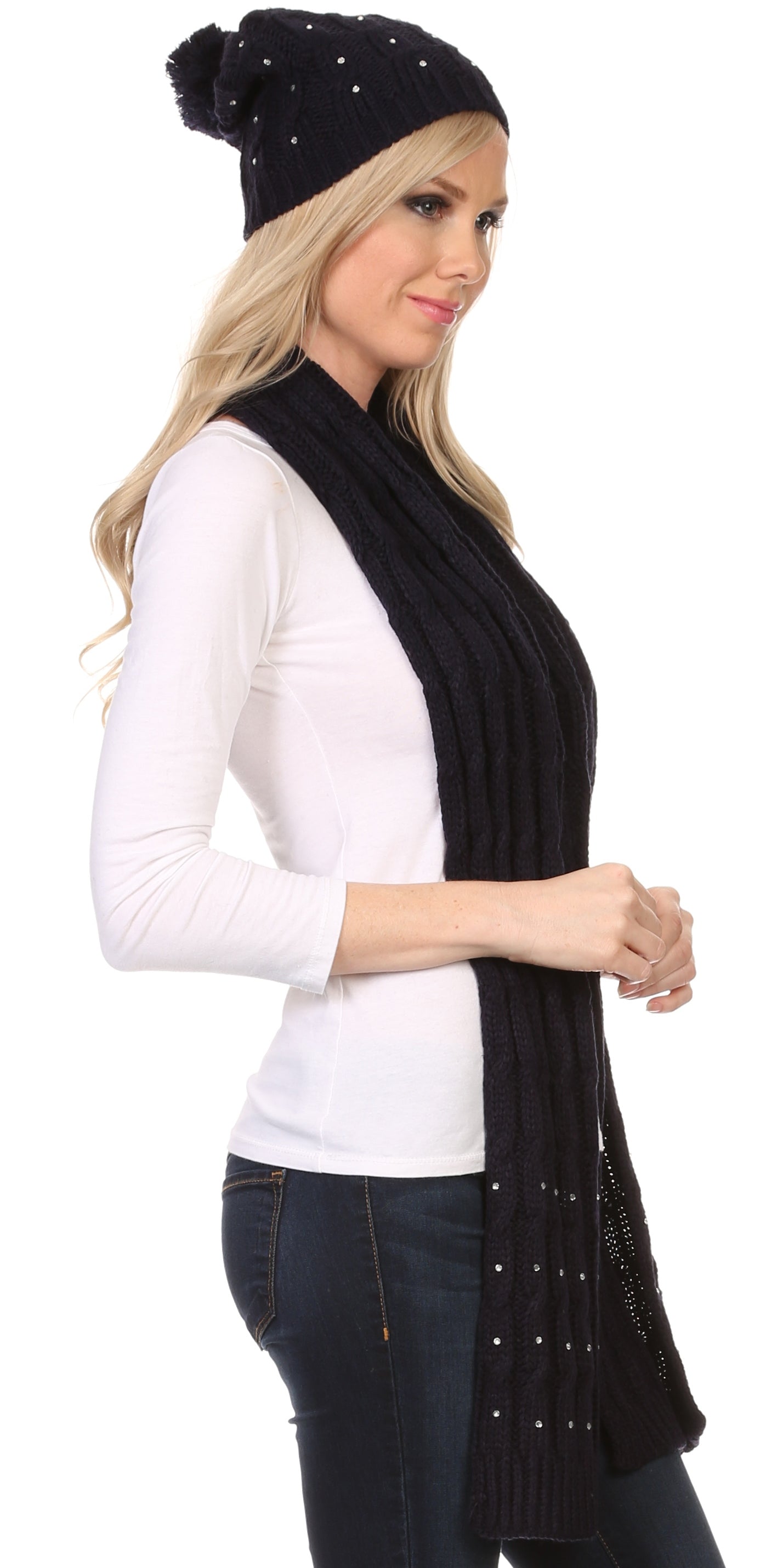 Sakkas Kae Jewel Studded Cable Knit Beanie Hat And Scarf Set - Concordia Style Boutique