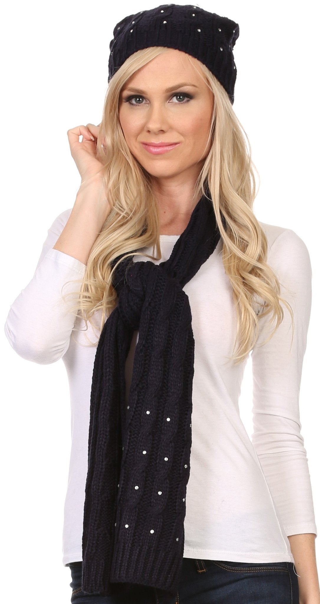 Sakkas Kae Jewel Studded Cable Knit Beanie Hat And Scarf Set - Concordia Style Boutique