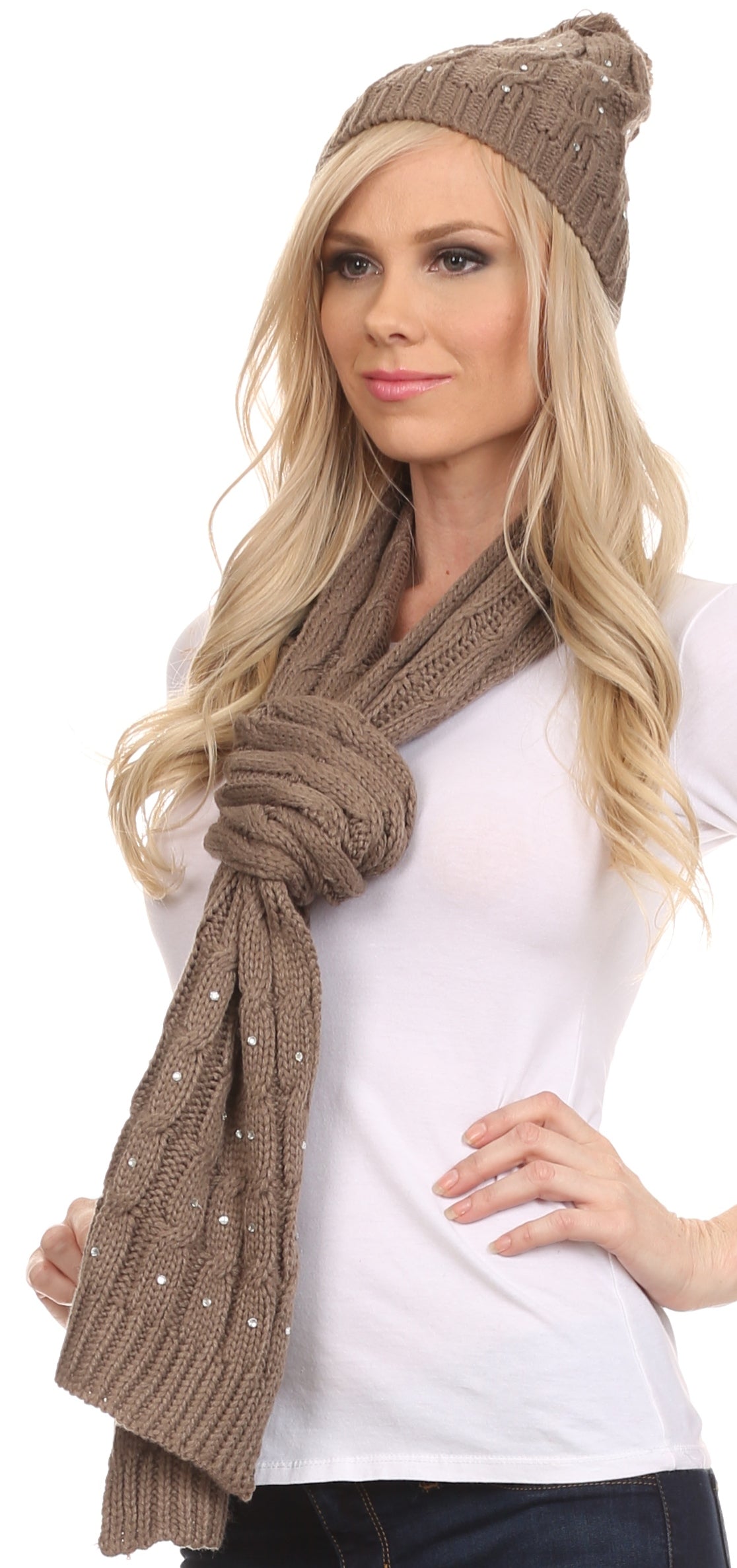Sakkas Kae Jewel Studded Cable Knit Beanie Hat And Scarf Set - Concordia Style Boutique