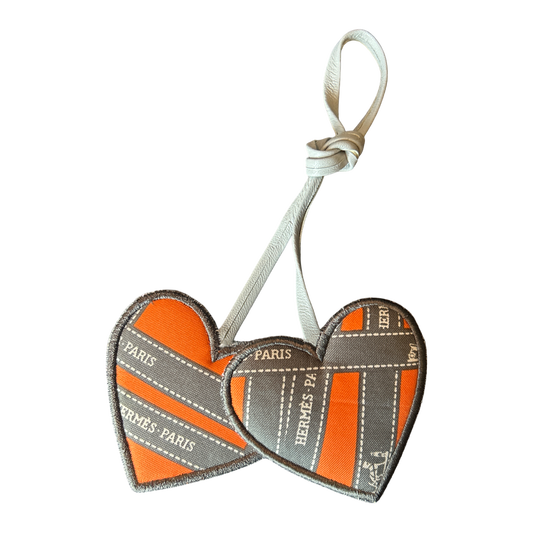 Bolduc Ribbon Silk Scarf Double Heart Bag Charm