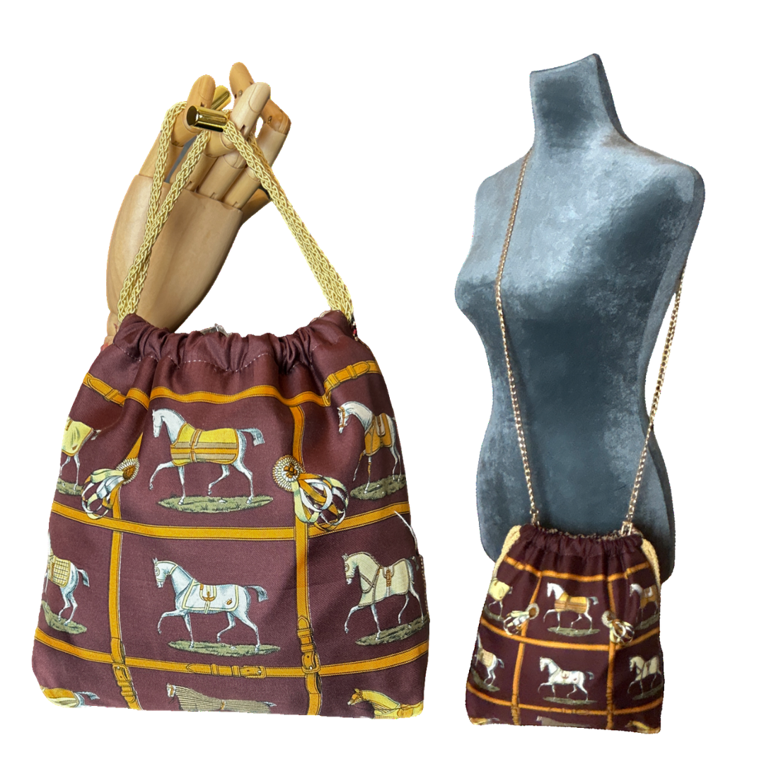 Petites Chevaux Brown Vintage Scarf Drawstring Crossbody Bag