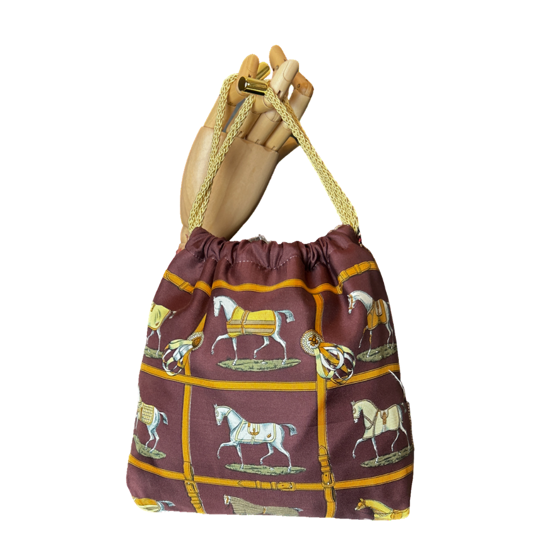 Petites Chevaux Brown Vintage Scarf Drawstring Crossbody Bag