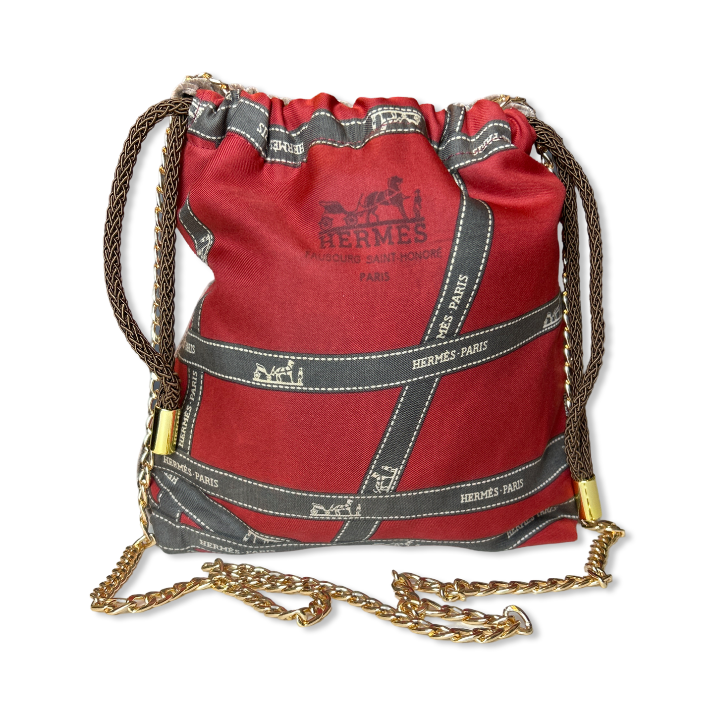 Bolduc Ribbon Bordeaux Vintage Silk Scarf Drawstring Crossbody Bag