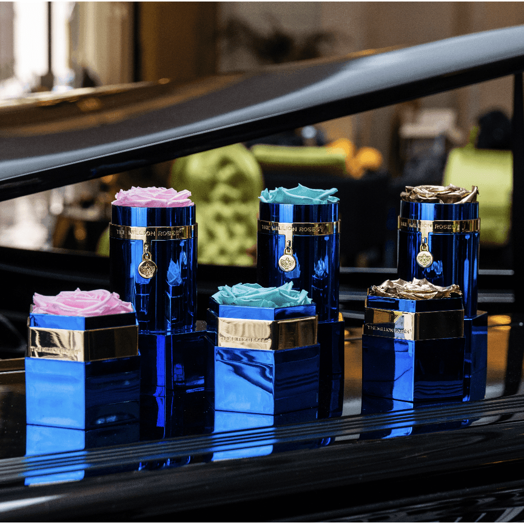 One in a Million™ Mirror Blue Hexagon Box | White & Gold Roses