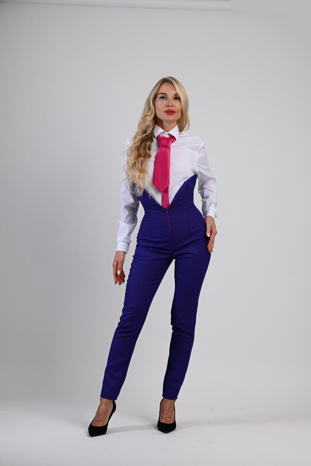High-Waist Blue Pants with Corset Boning