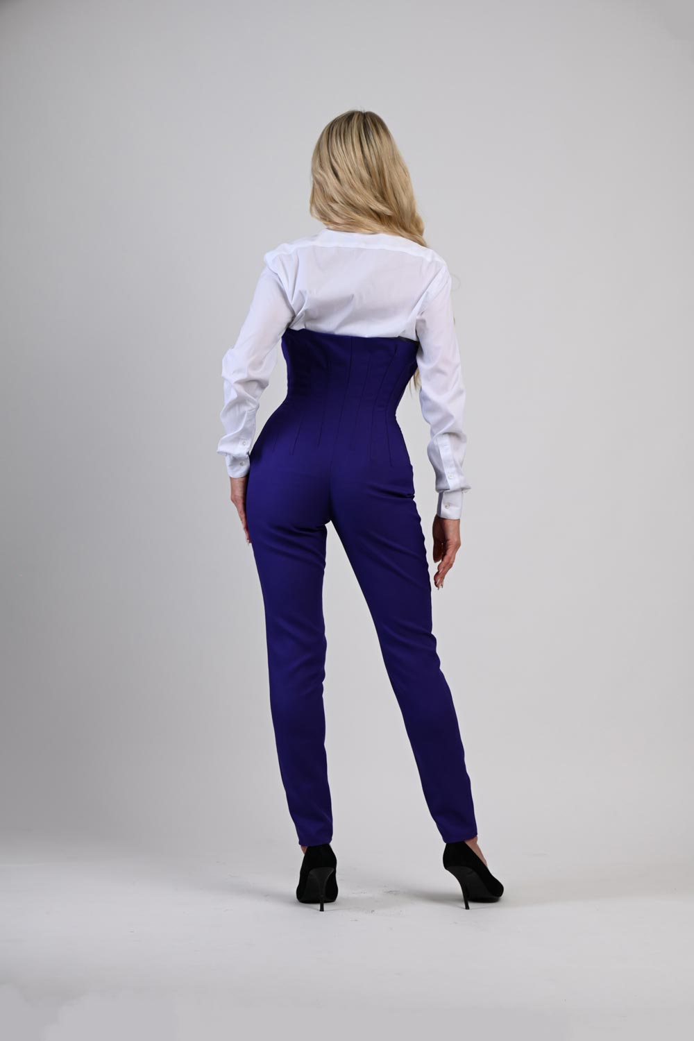 High-Waist Blue Pants with Corset Boning