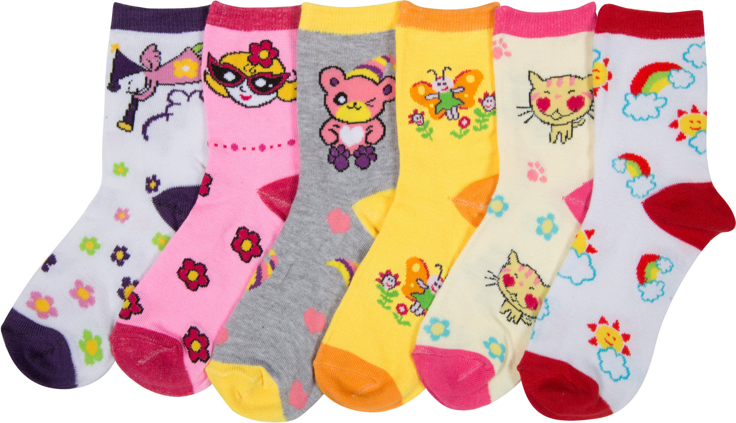 Sakkas Girl's Creative Fun Cotton Blend Crew Socks Assorted Color 6-Pack - Concordia Style Boutique