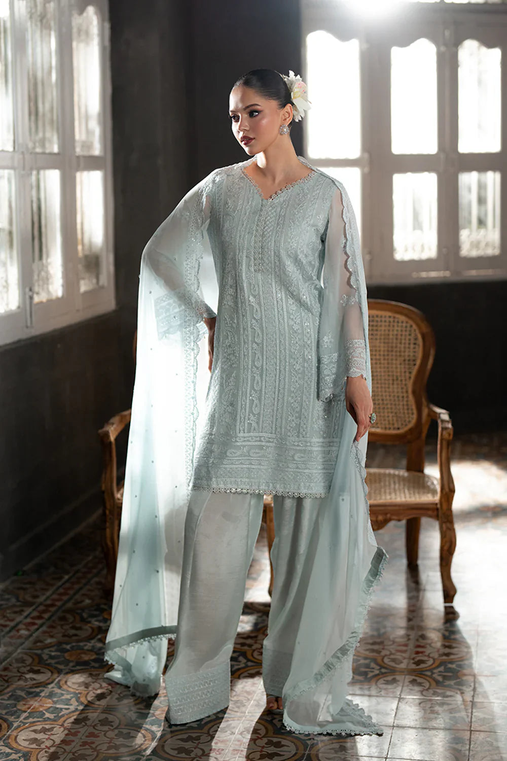 Azure - Icy Mist 3 Piece Embroidered Chiffon
