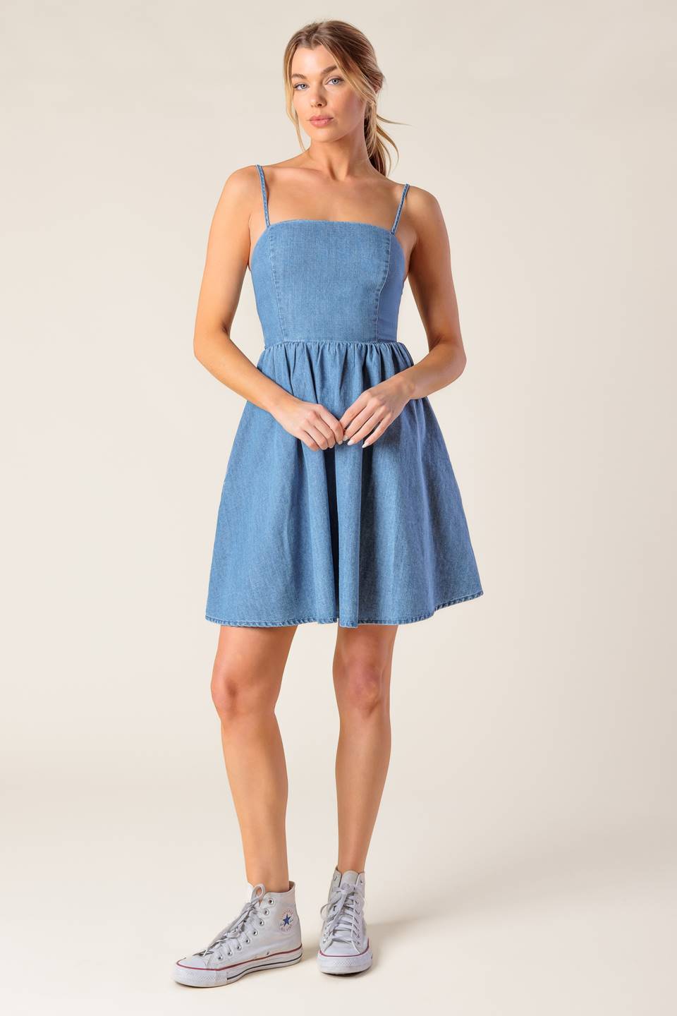 BACK IN LOVE DENIM MINI DRESS - Concordia Style Boutique
