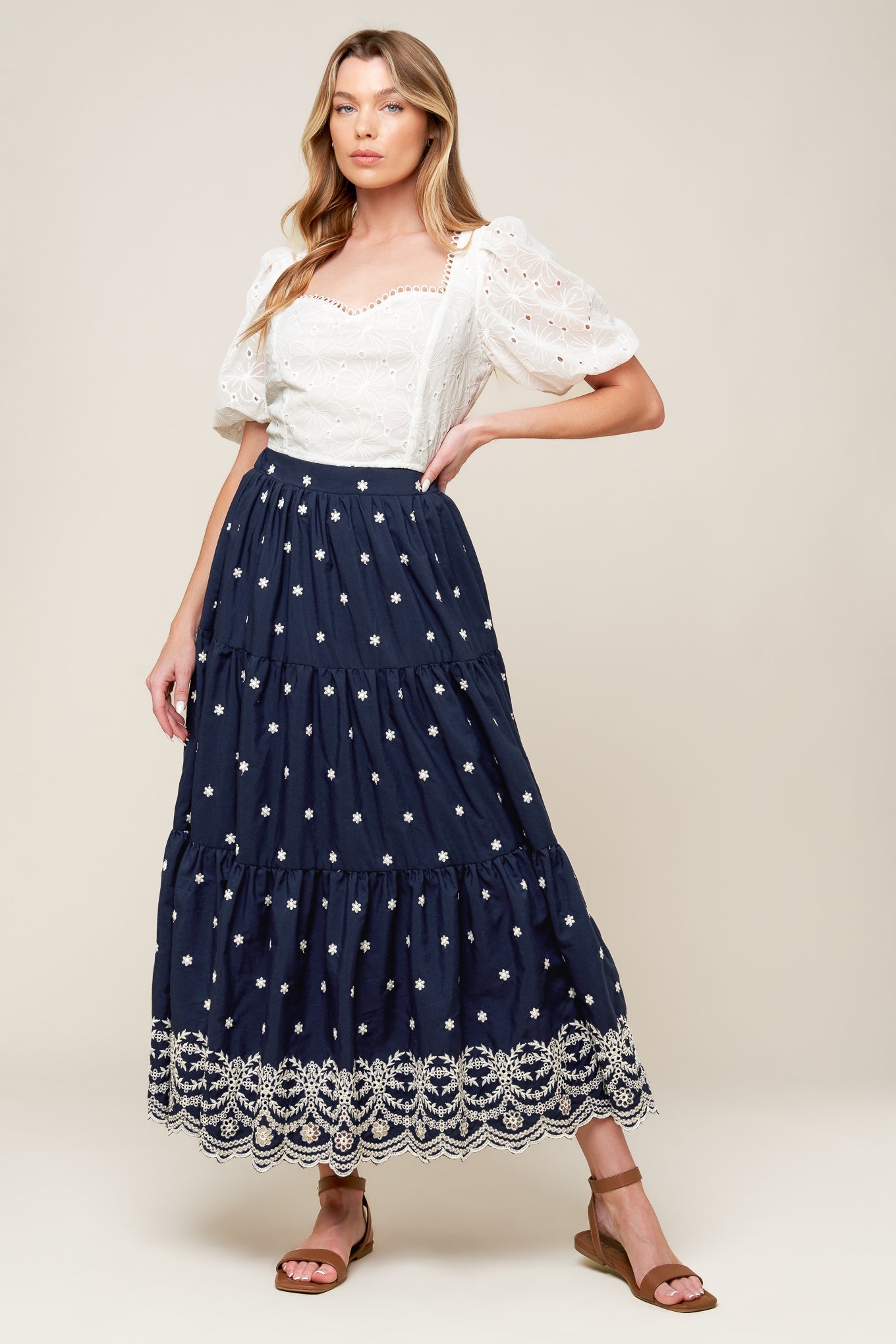 BEBE ALERT NAVY WOVEN MIDI SKIRT - Concordia Style Boutique