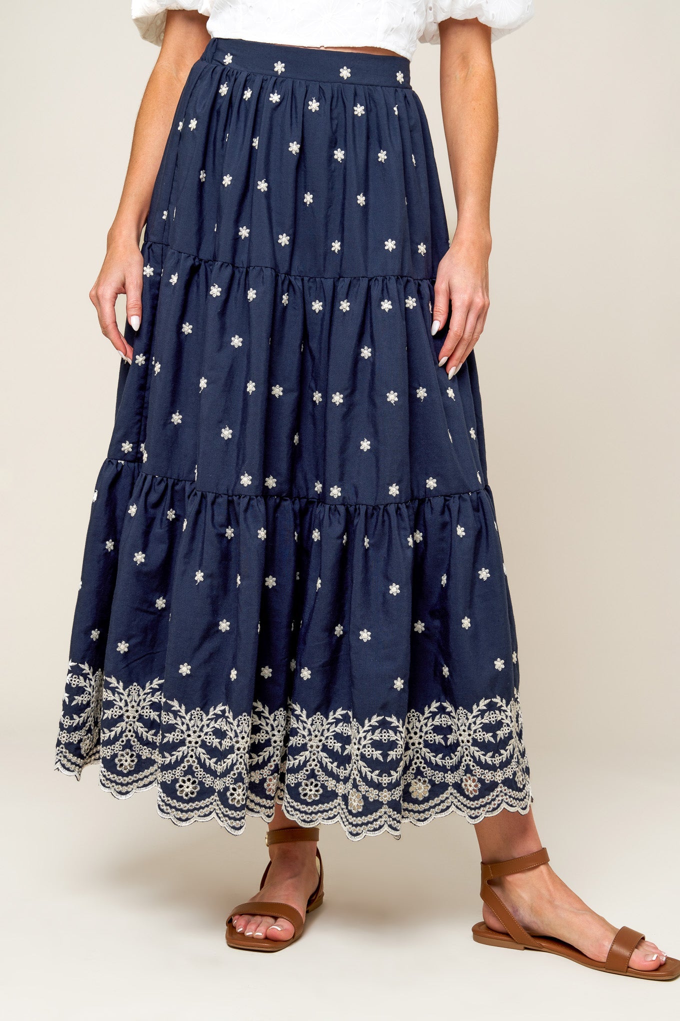 BEBE ALERT NAVY WOVEN MIDI SKIRT - Concordia Style Boutique