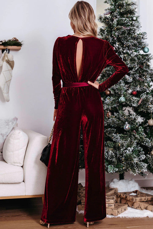 Red Velvet Keyhole Jumpsuit -clearance - Concordia Style Boutique