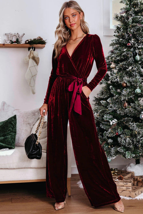 Red Velvet Keyhole Jumpsuit -clearance - Concordia Style Boutique