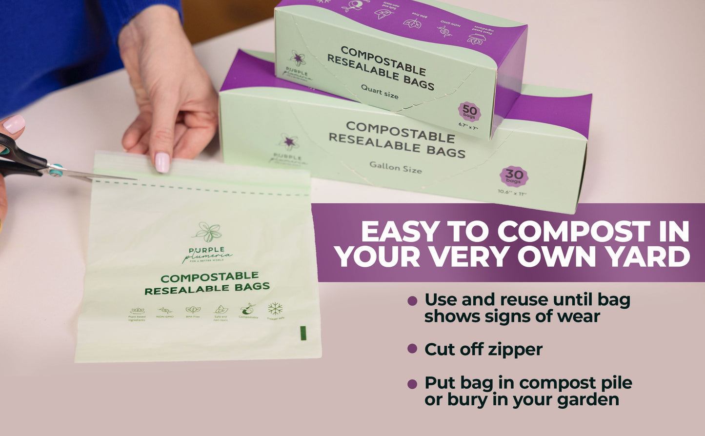 Compostable Resealable Bags. Eco-Friendly & Durable. Snack, Sandwich, Quart & Gallon Sizes