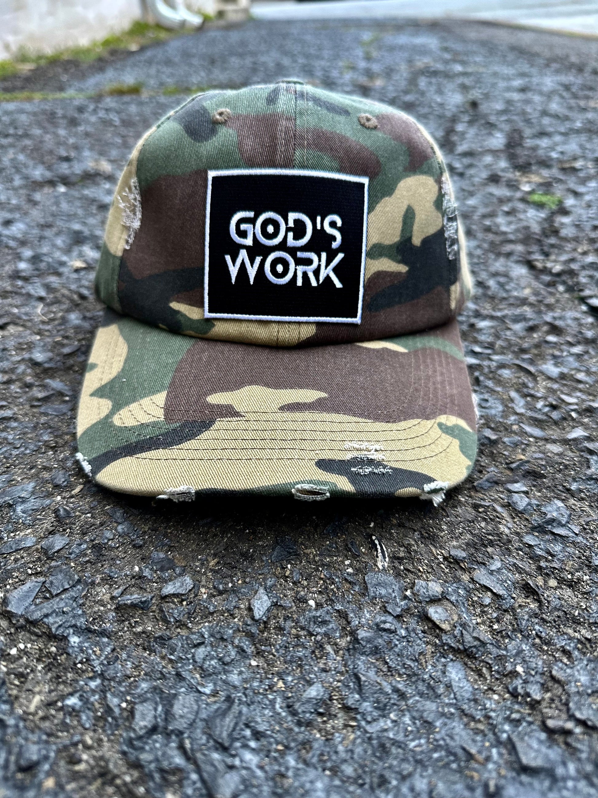 GOD'S WORK- Camouflage Distressed Hat - Concordia Style Boutique