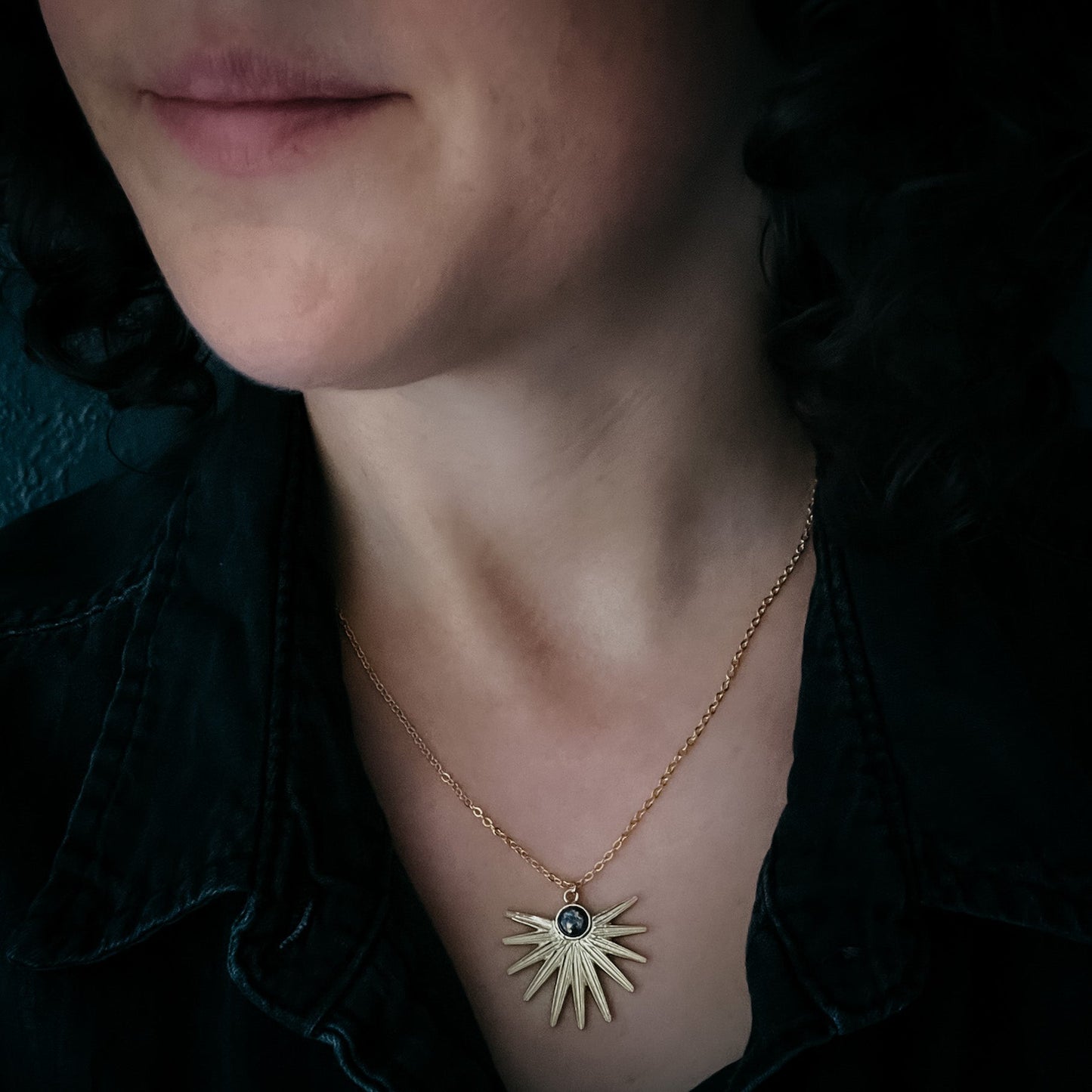 Dark Before the Dawn Sunburst Pendant Necklace with Copper Lapis Lazuli