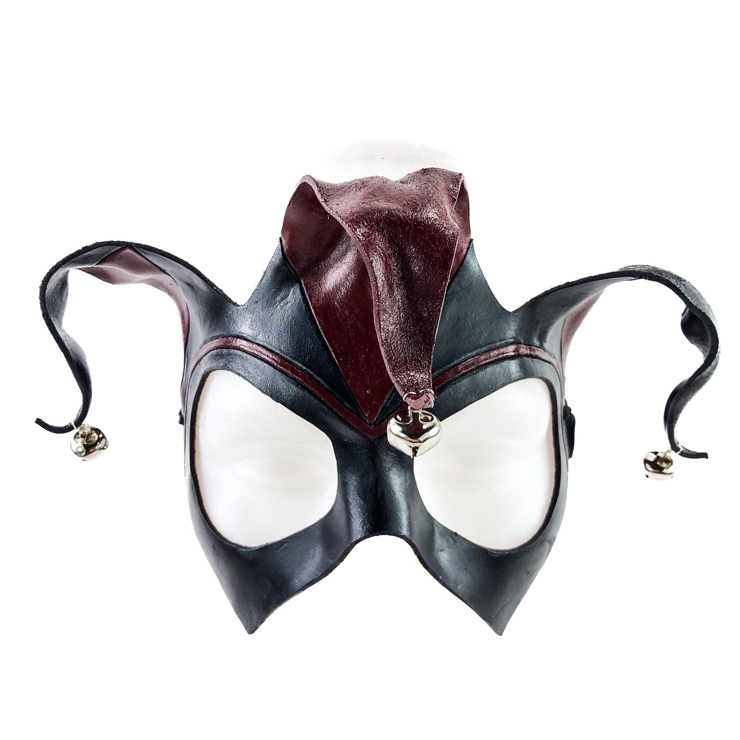 Handmade Genuine Leather Jester Mask in Red and Black with Silver Bells