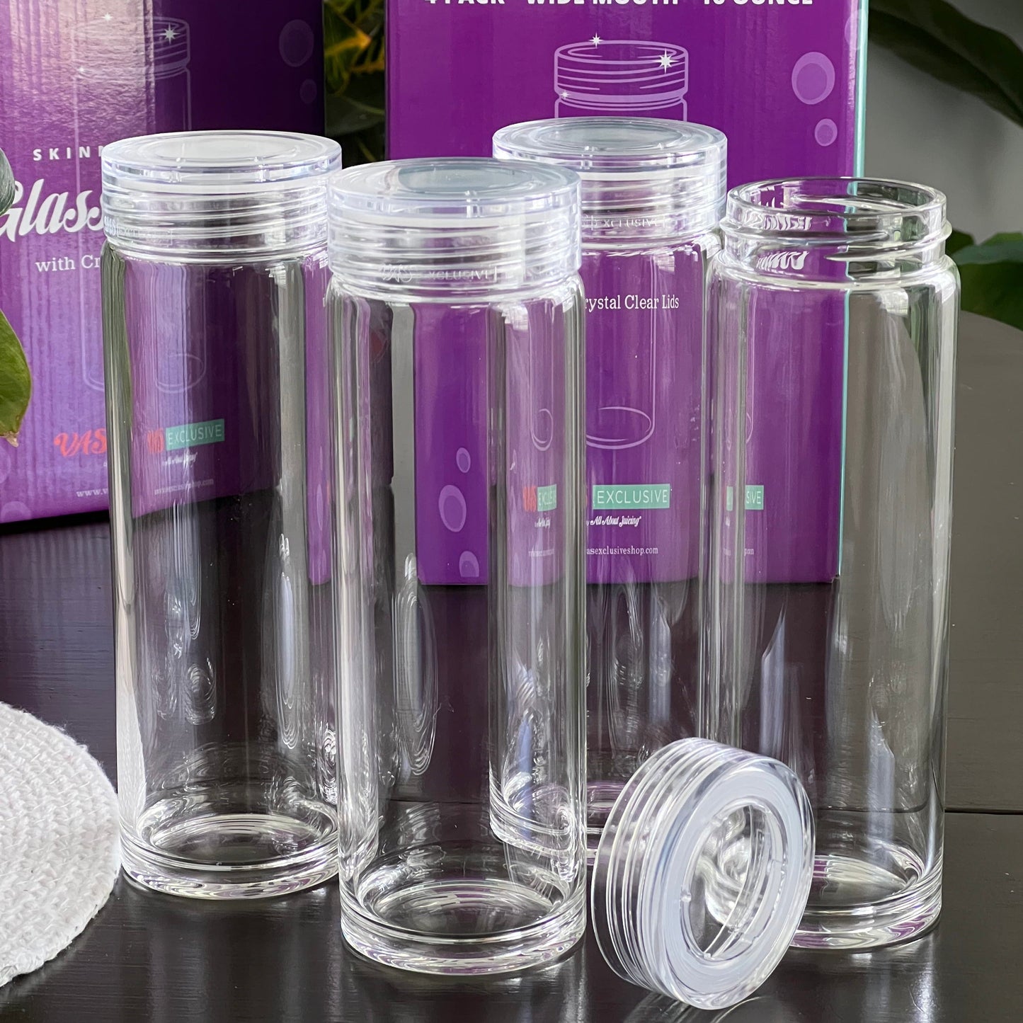 Skinny Series Glass Bottles Set w/ Crystal Clear Lids, 16 oz
