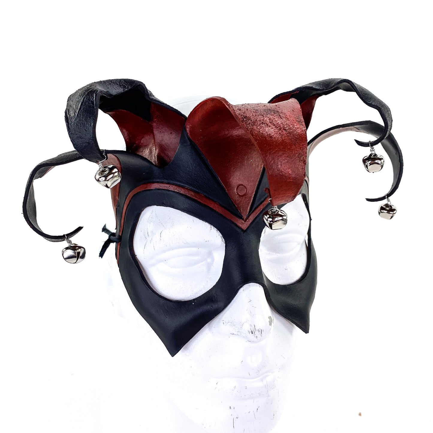 Ready to Ship - Handmade Genuine Leather Five Point Jester Mask in Red and Black with Silver Bells