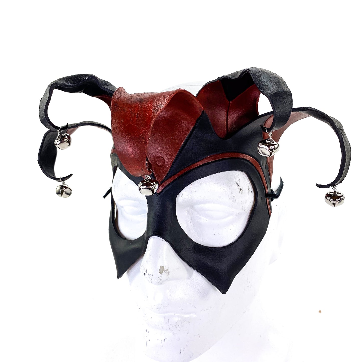 Ready to Ship - Handmade Genuine Leather Five Point Jester Mask in Red and Black with Silver Bells