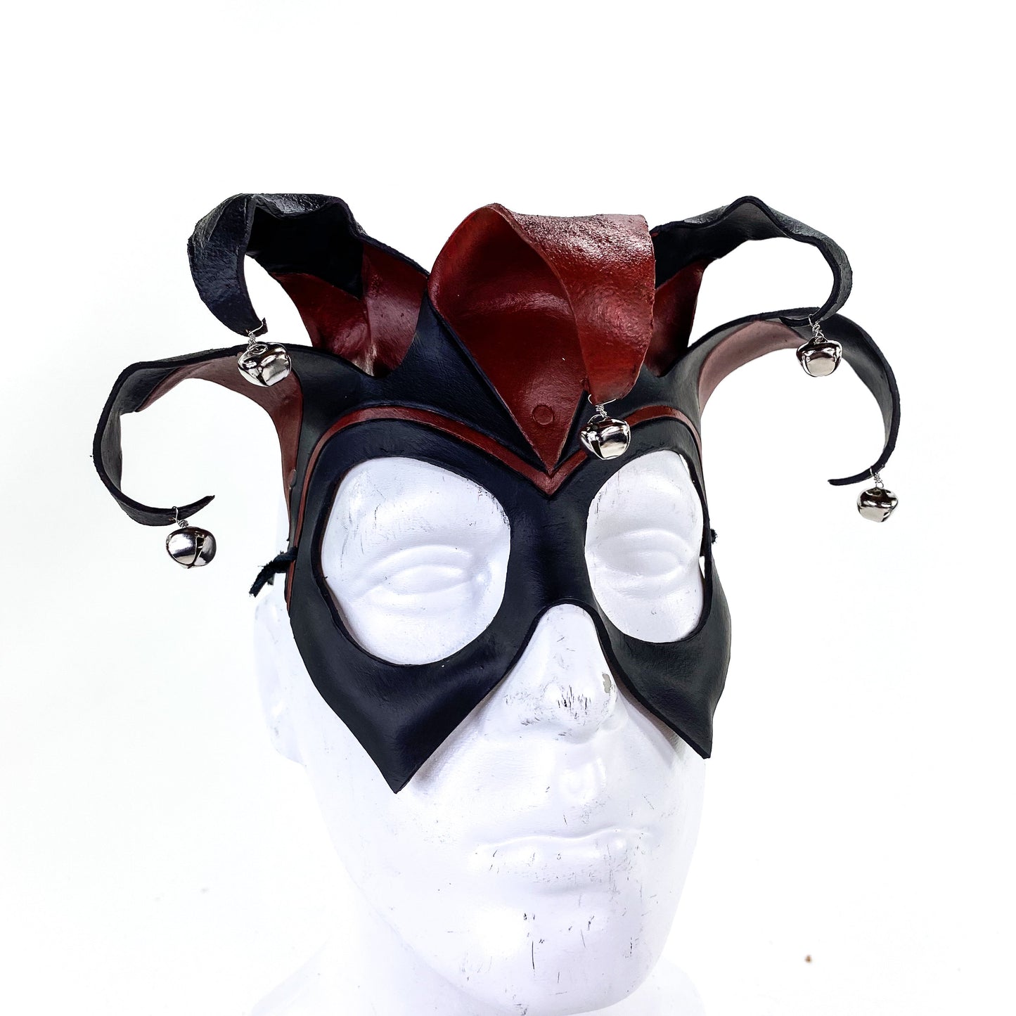 Ready to Ship - Handmade Genuine Leather Five Point Jester Mask in Red and Black with Silver Bells