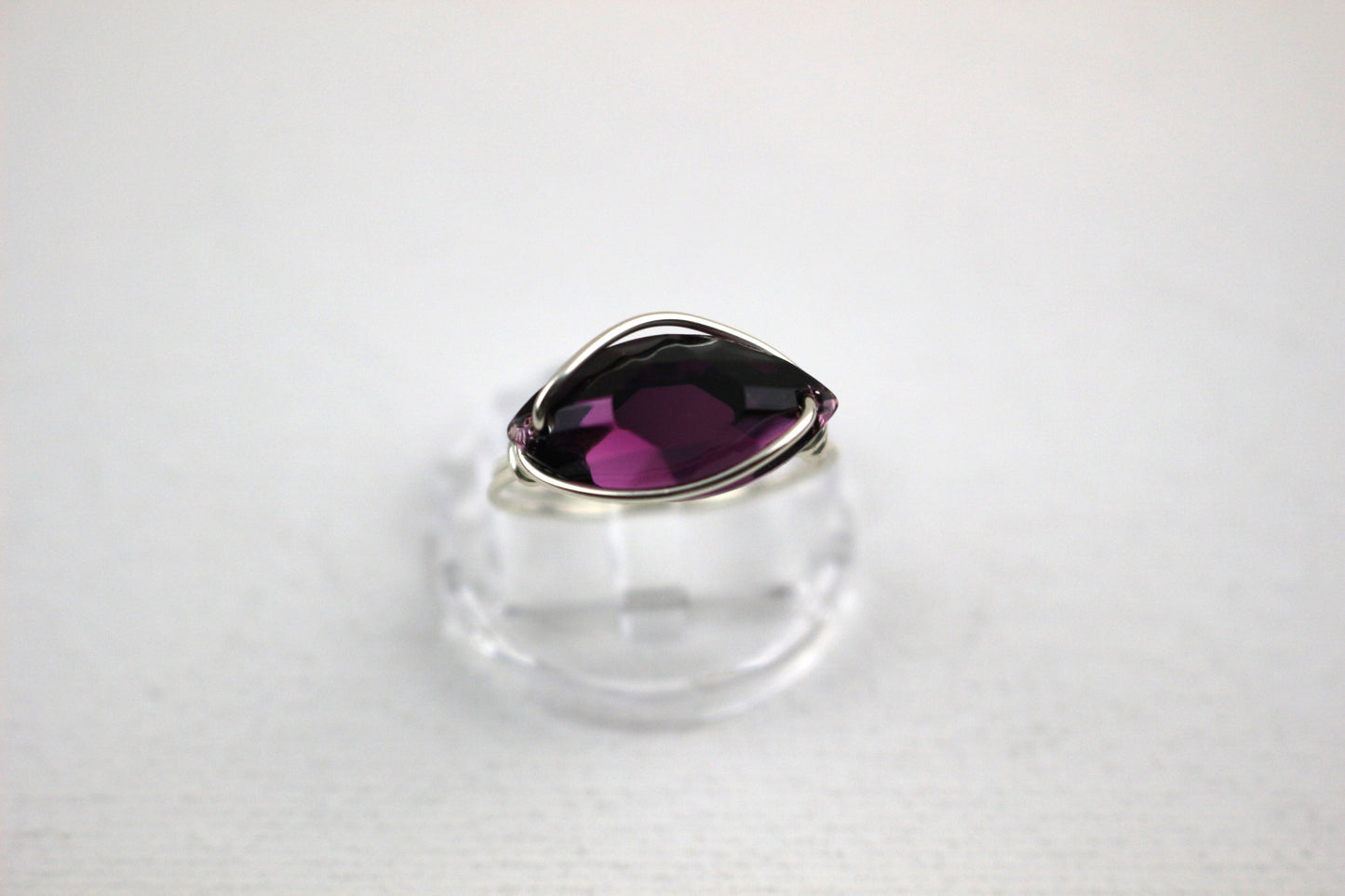 Sterling Silver Purple Velvet Crystal Navette Wire Wrapped Ring