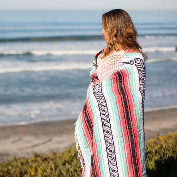 Seafoam Green & Coral Mexican Falsa Blanket - Concordia Style Boutique