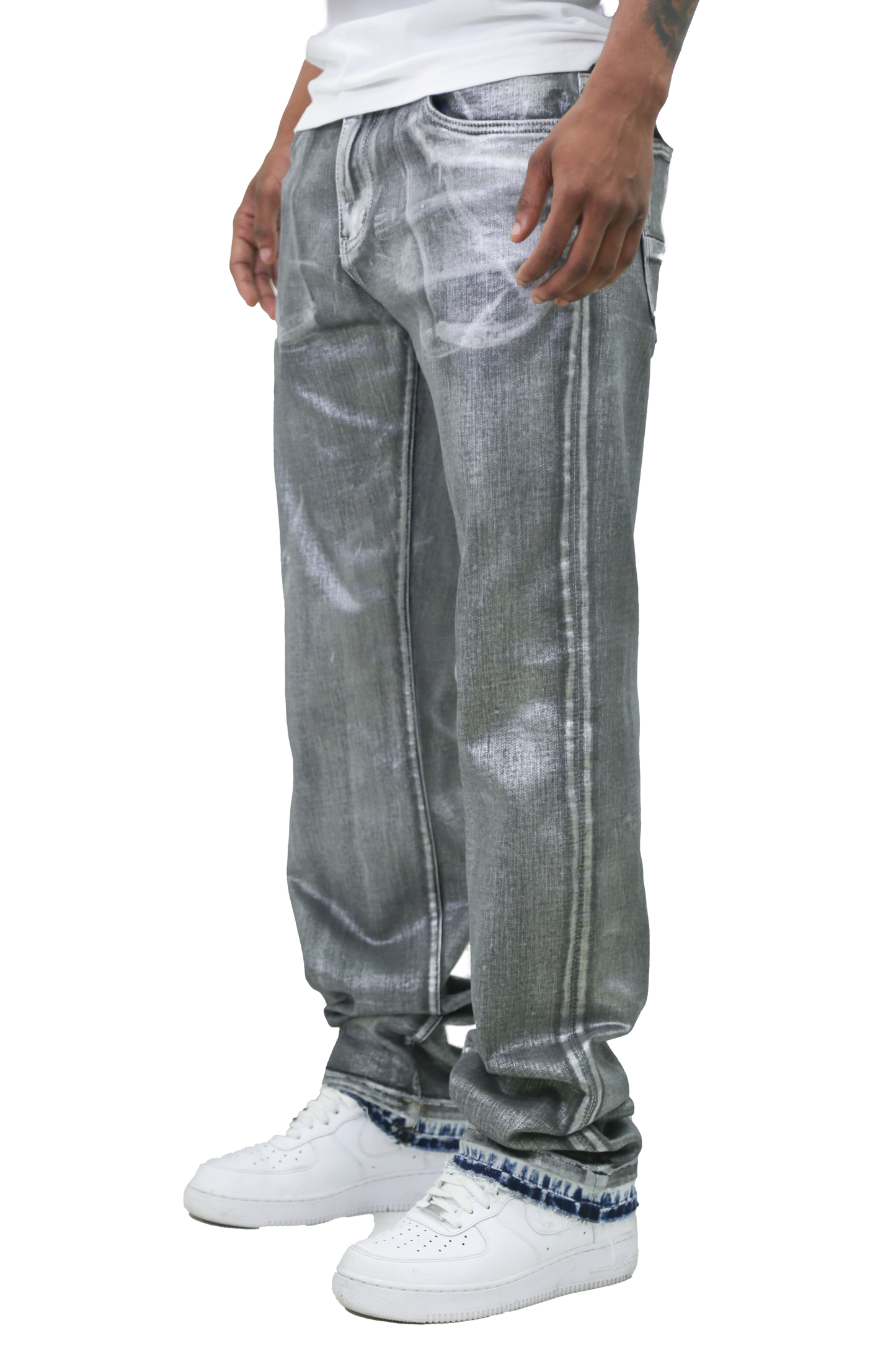 METALLIC PRINTED STACKED JEANS