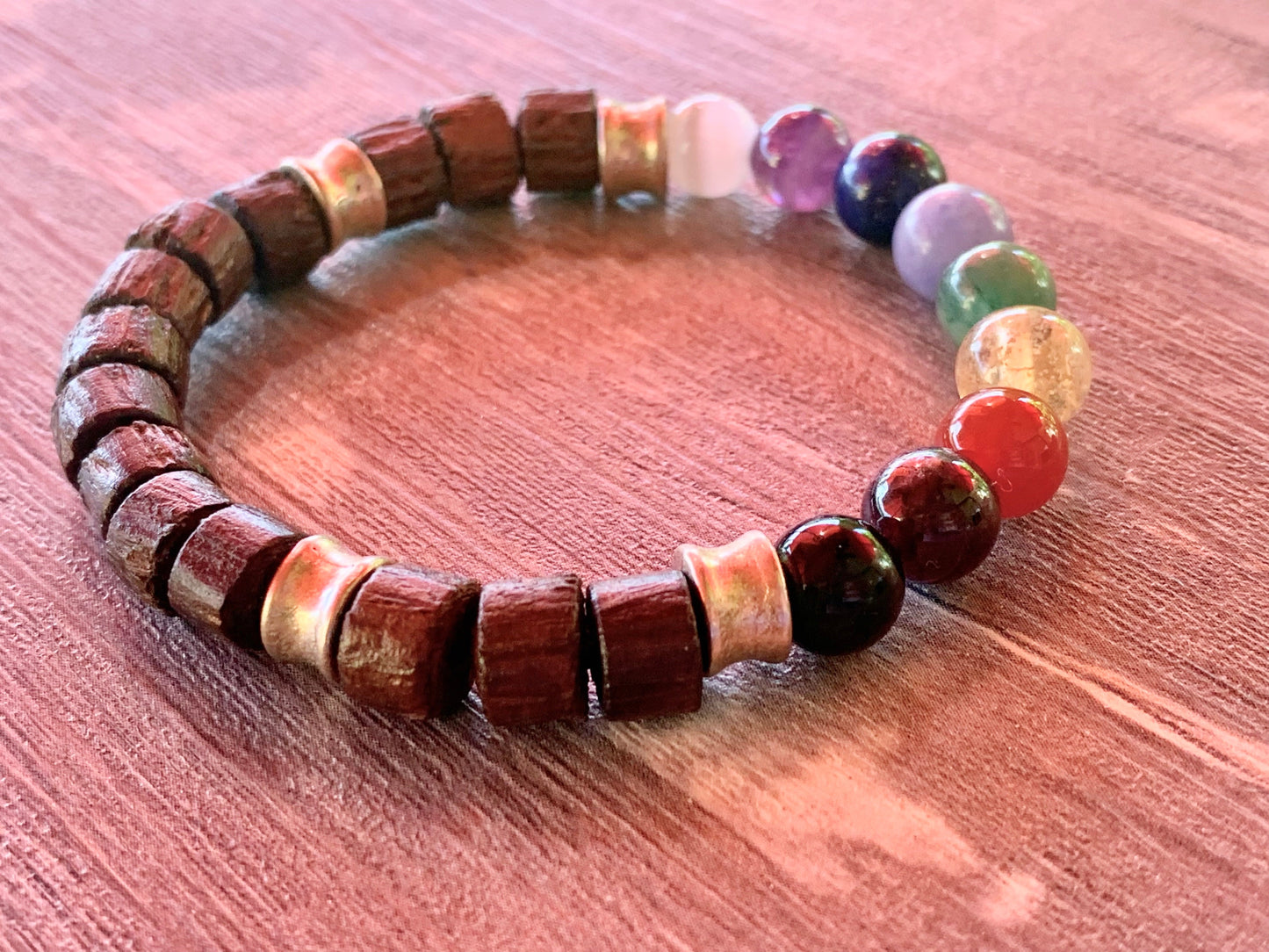 Chakras Handmade Wood and Mixed Rainbow Gemstone Expandable Chakra Bracelet