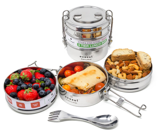 Stainless Steel Lunch Box, 3 Tier Round with Spork, 40 Oz - Concordia Style Boutique