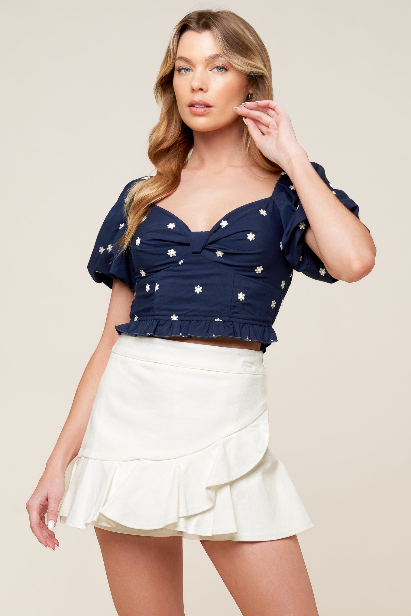 BEBE ALERT NAVY WOVEN TOP - Concordia Style Boutique