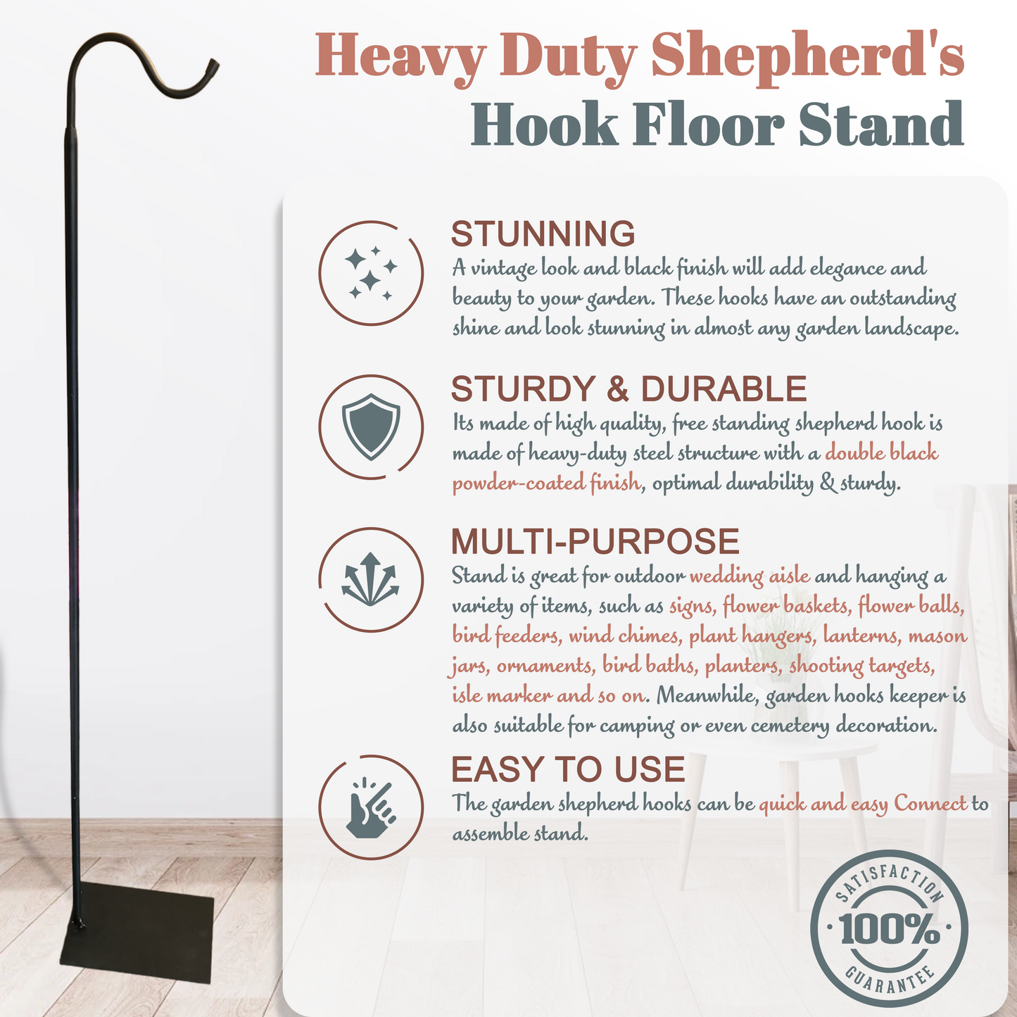 60" Adjustable Heavy Duty Shepherd's Hook Floor Stand For Patio/Garden