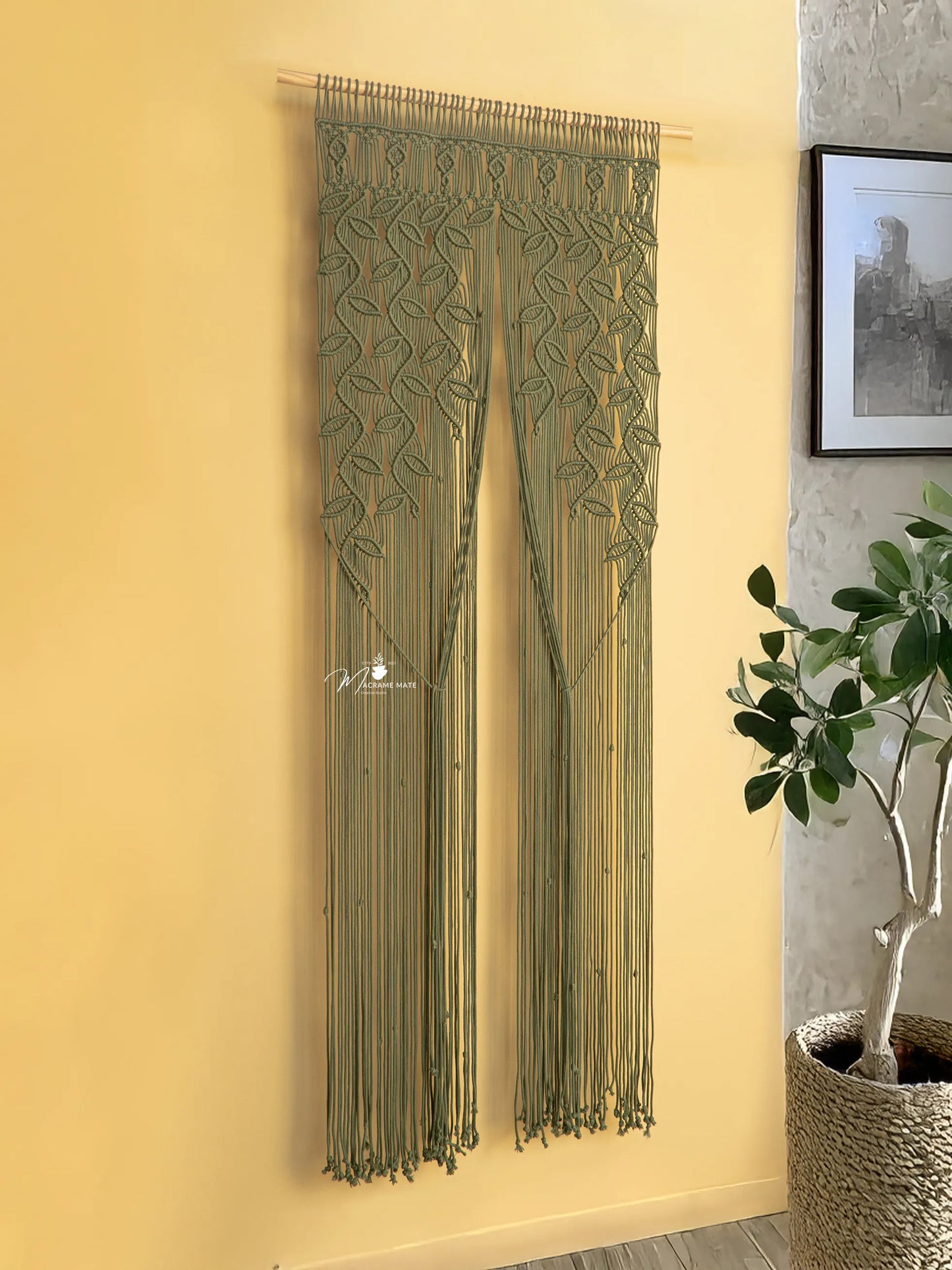 Indigo Olive Green Macrame Leaf Door Curtain