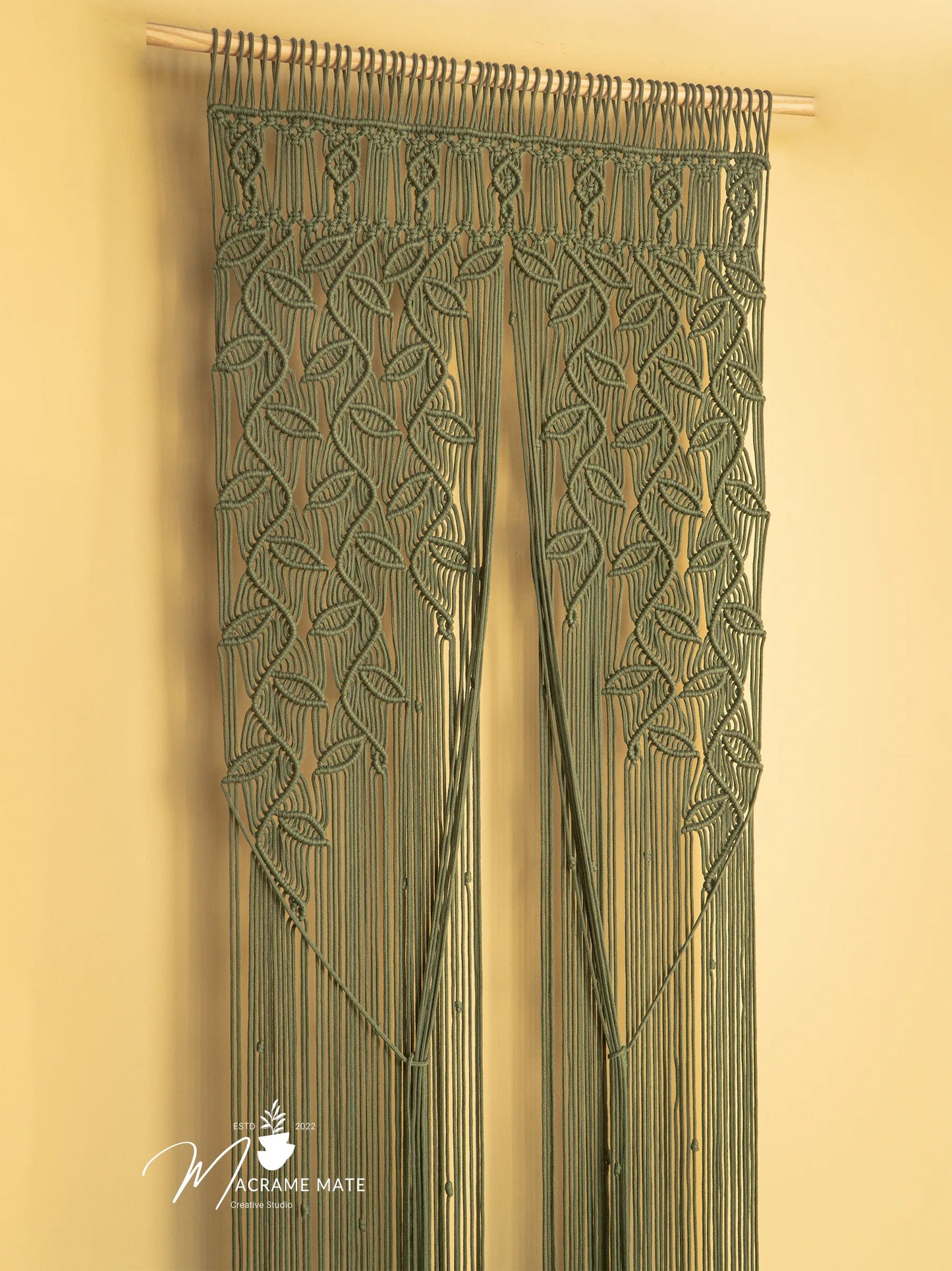 Indigo Olive Green Macrame Leaf Door Curtain