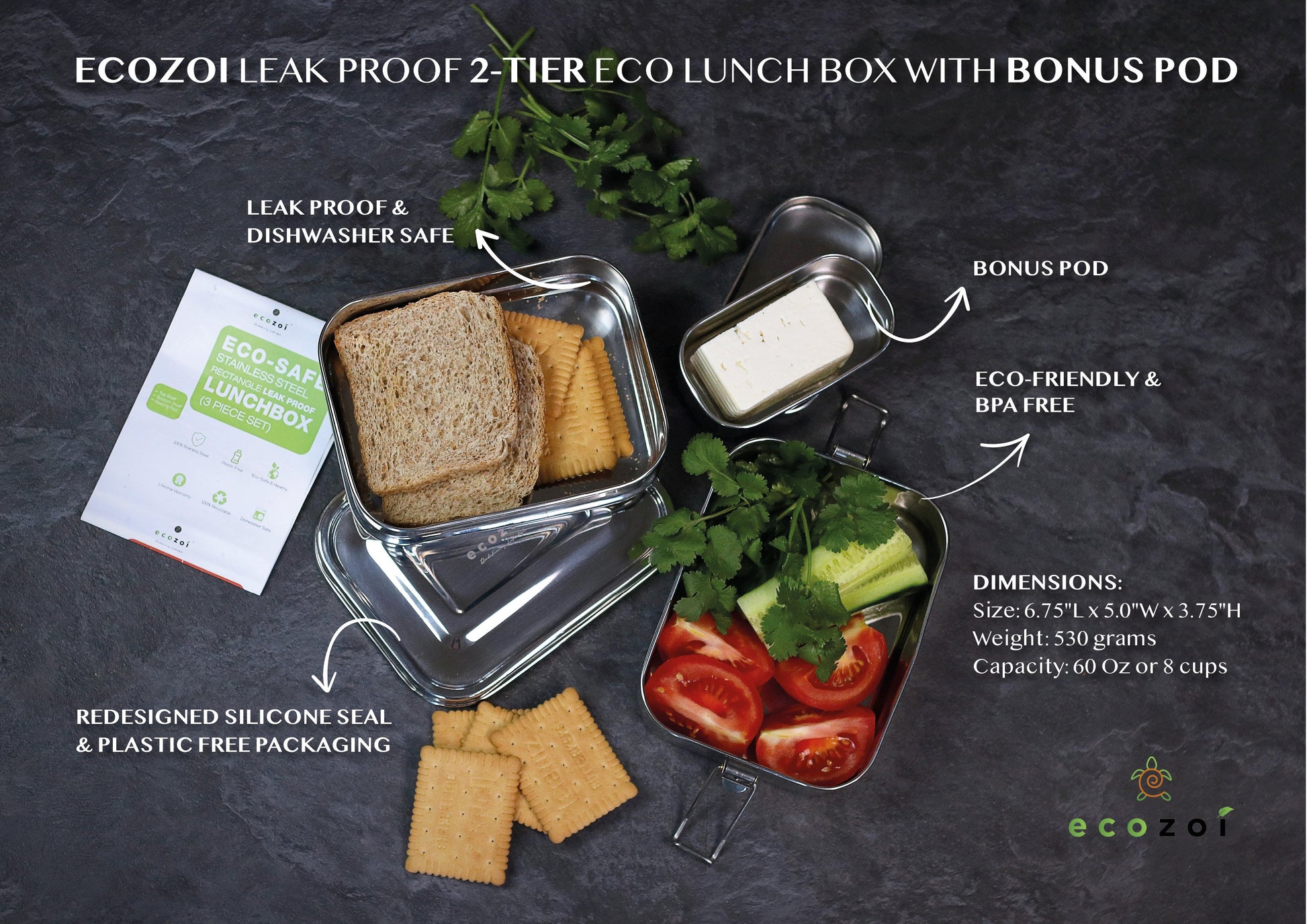 Stainless Steel Lunch Box, 2 Tier Leak Proof, 60 Oz - Concordia Style Boutique