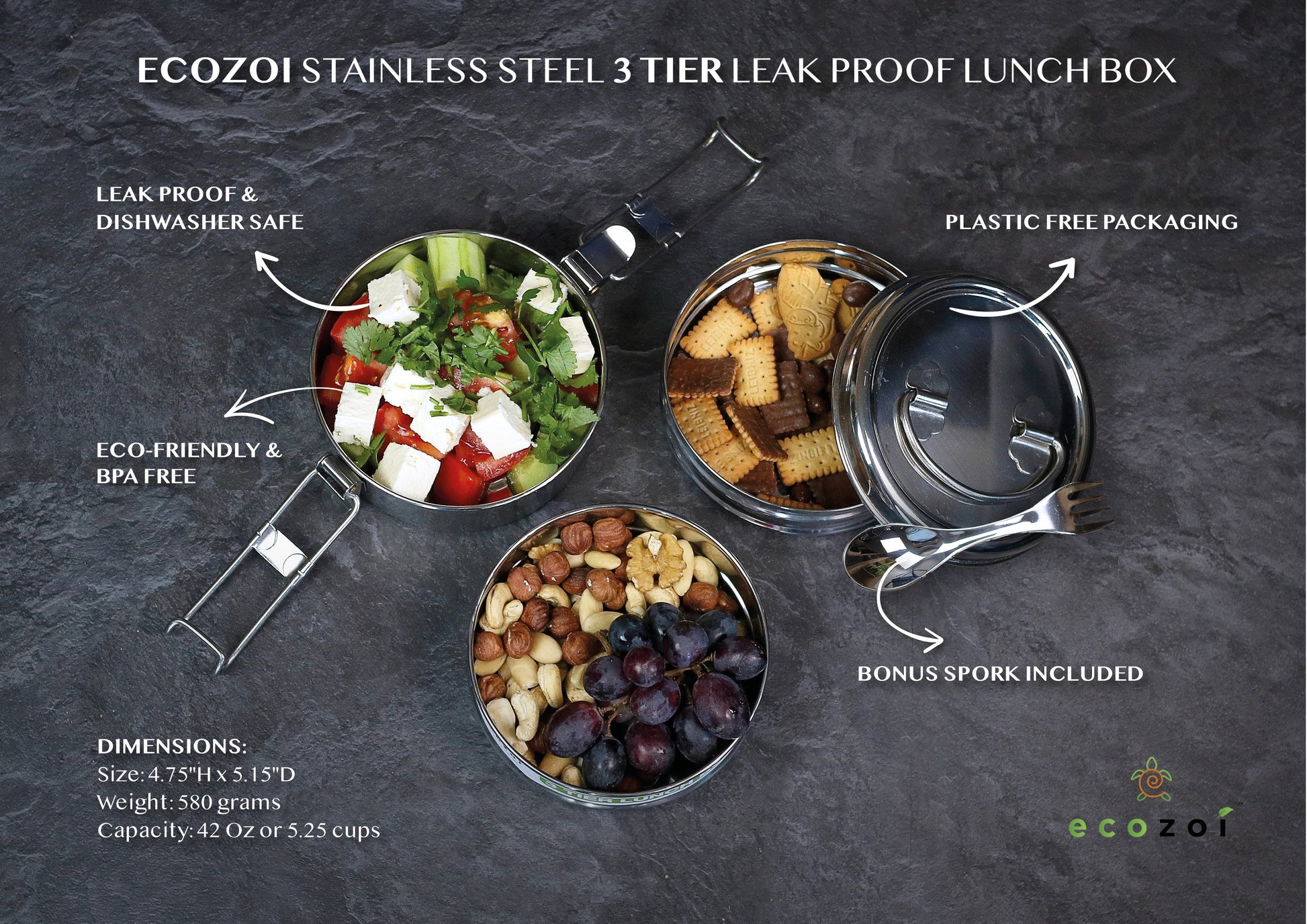 Stainless Steel Lunch Box, 3 Tier Round with Spork, 40 Oz - Concordia Style Boutique