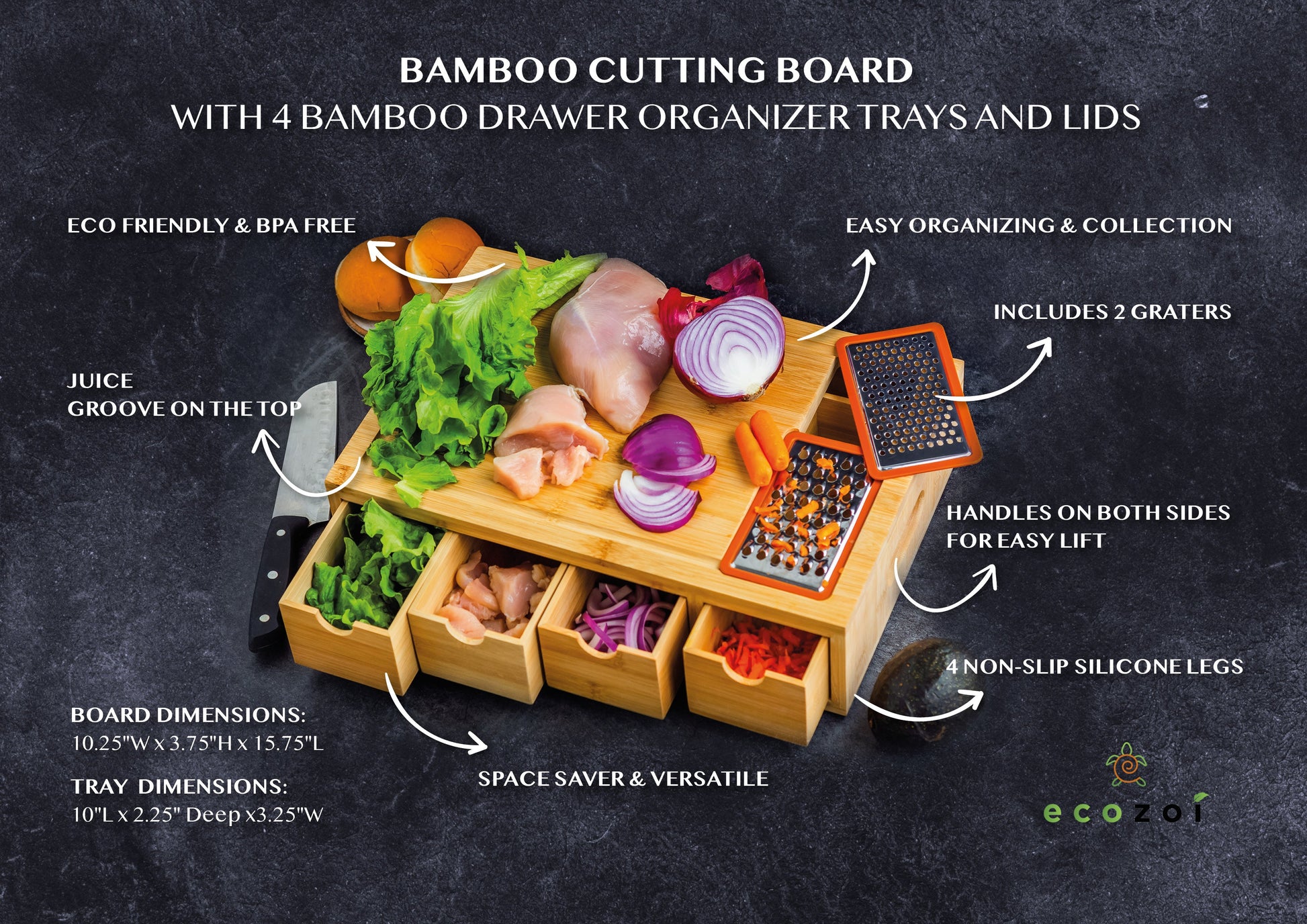 Bamboo Cutting Board with 4 Organizing Trays and 2 Graters - Concordia Style Boutique