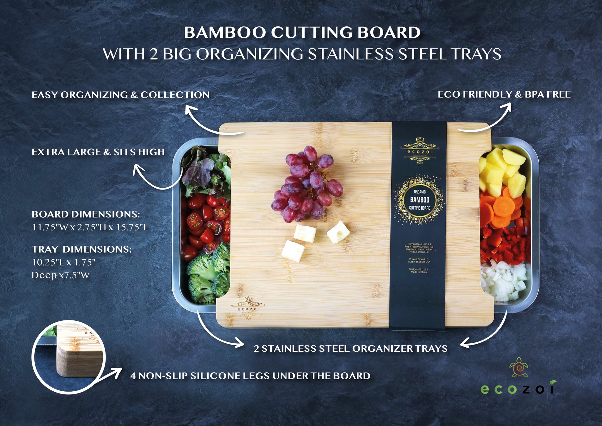 Bamboo Cutting Board with 2 Organizing Stainless Steel Trays - Concordia Style Boutique