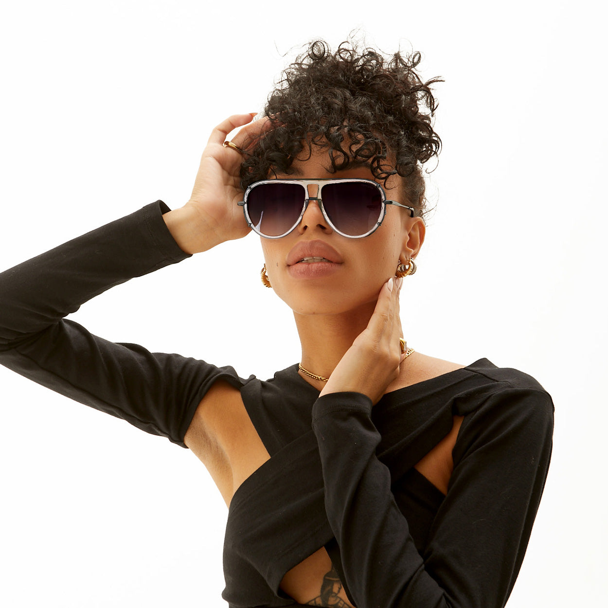 Ivy Luxe - Clear Black Tangle-Free Round Aviator Sunglasses - Concordia Style Boutique