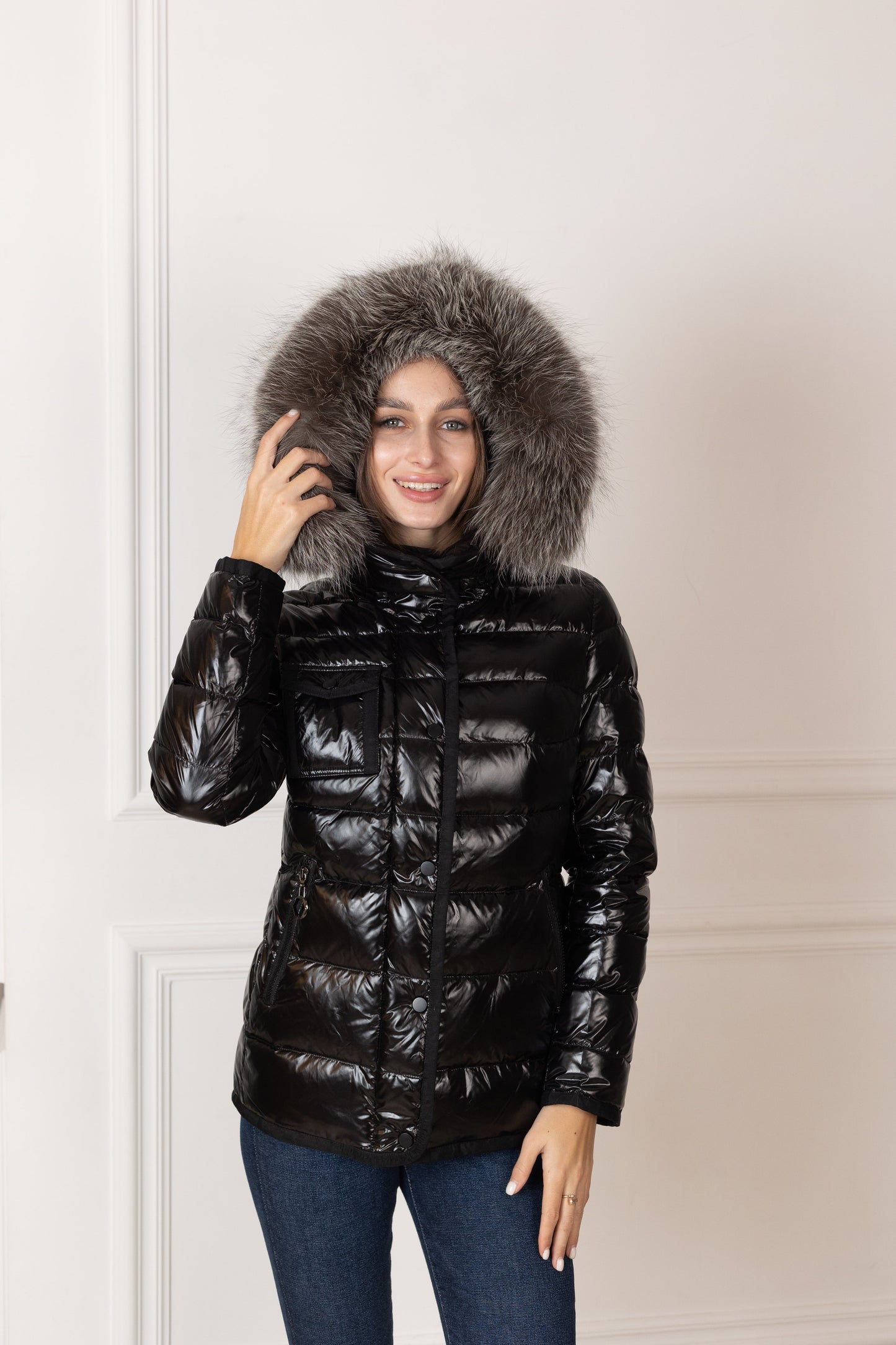 Genuine Silver Fox Fur Lightweight Down Fill Coat