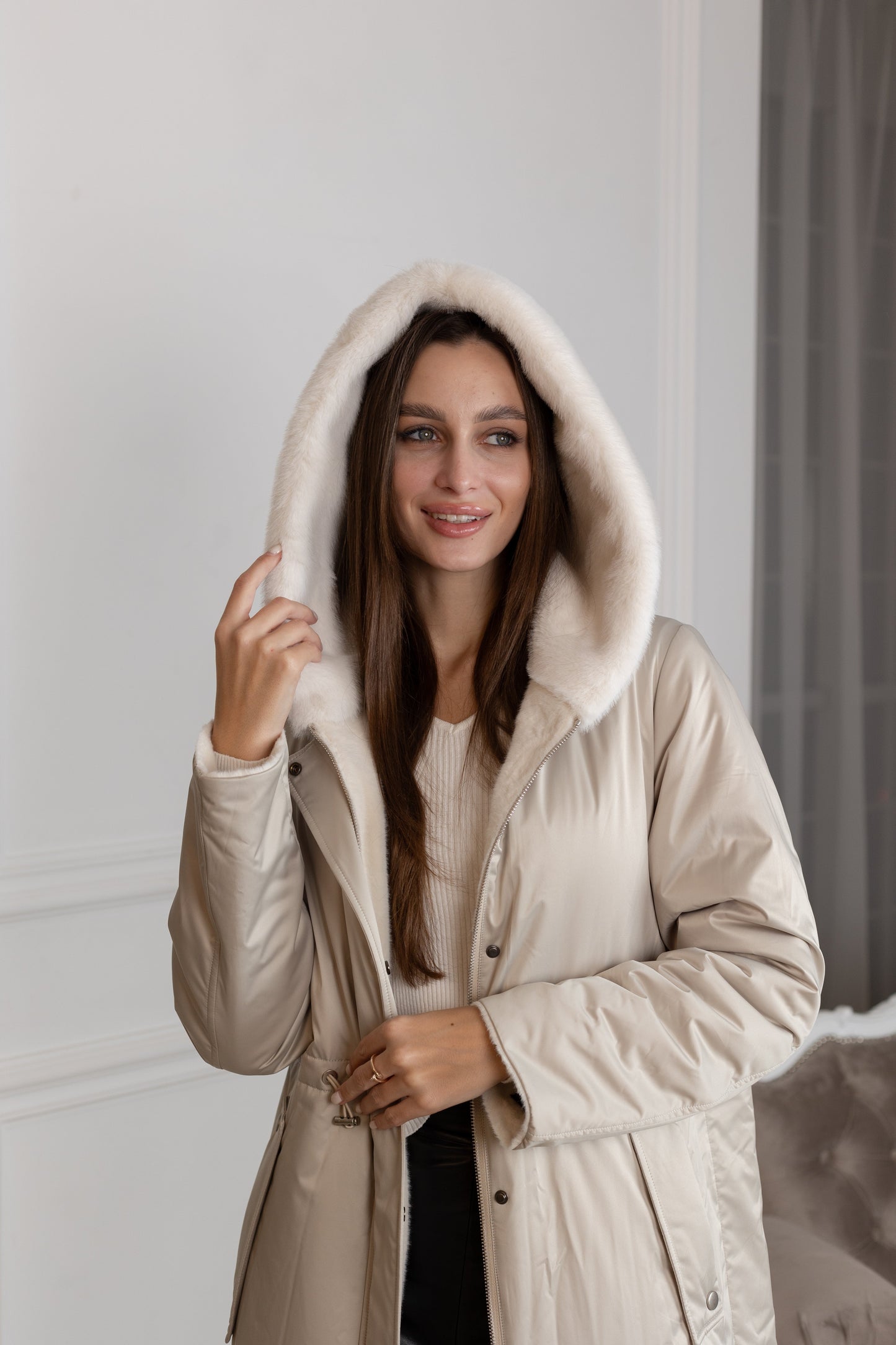 ⇆ Reversible Faux Alpaca Satin Hooded Coat