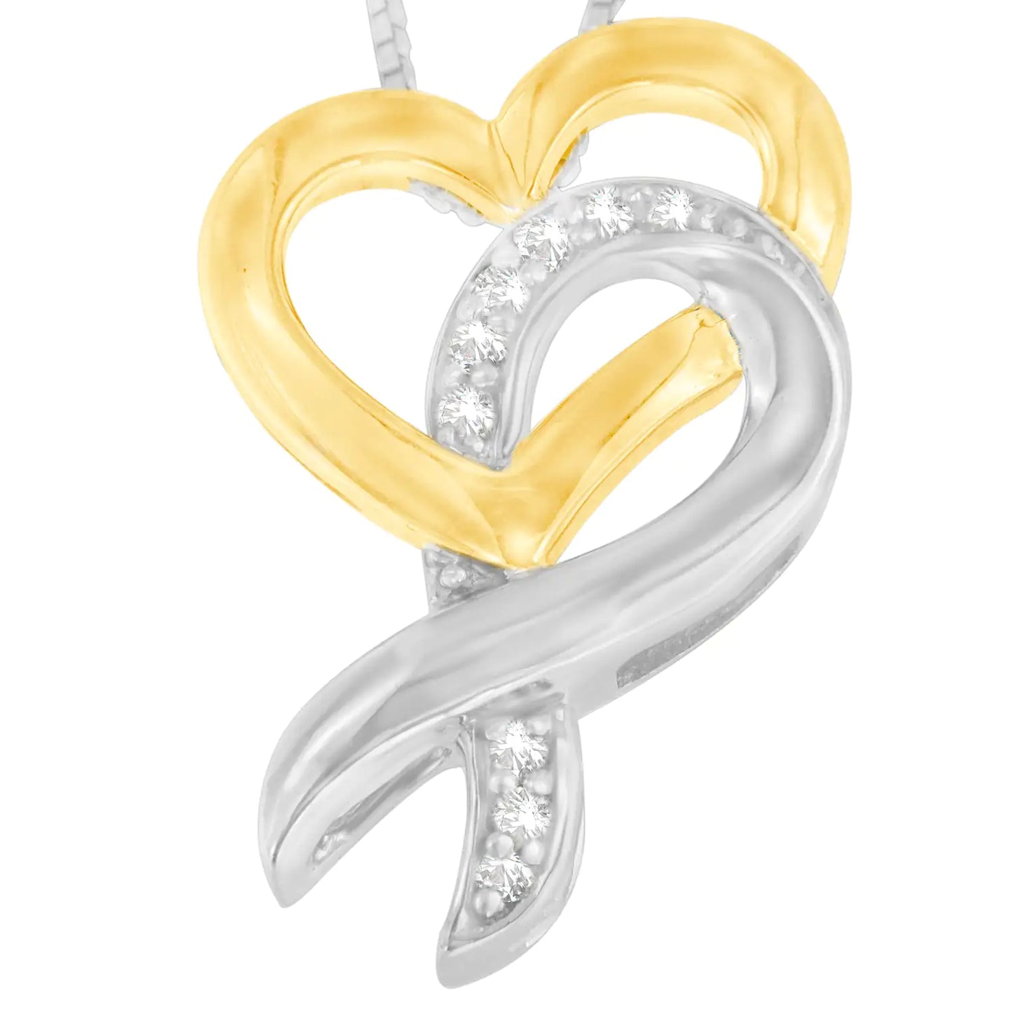 10K Yellow Gold and .925 Sterling Silver 1/20 cttw Diamond Ribbon-Heart Pendant Necklace (H-I, I1-I2) - Concordia Style Boutique